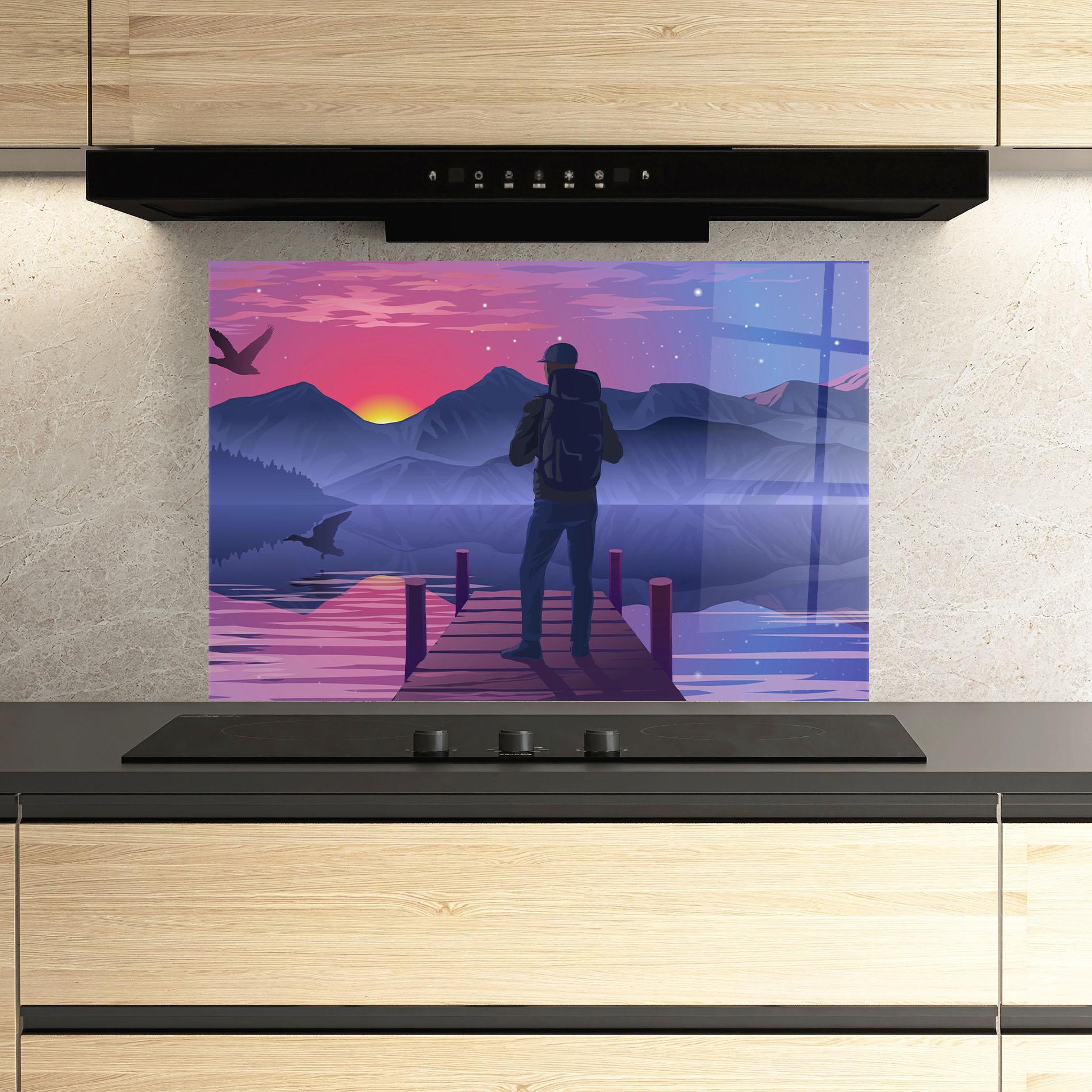 Küchenrückwand Glas Lake Pink Night mockup 3