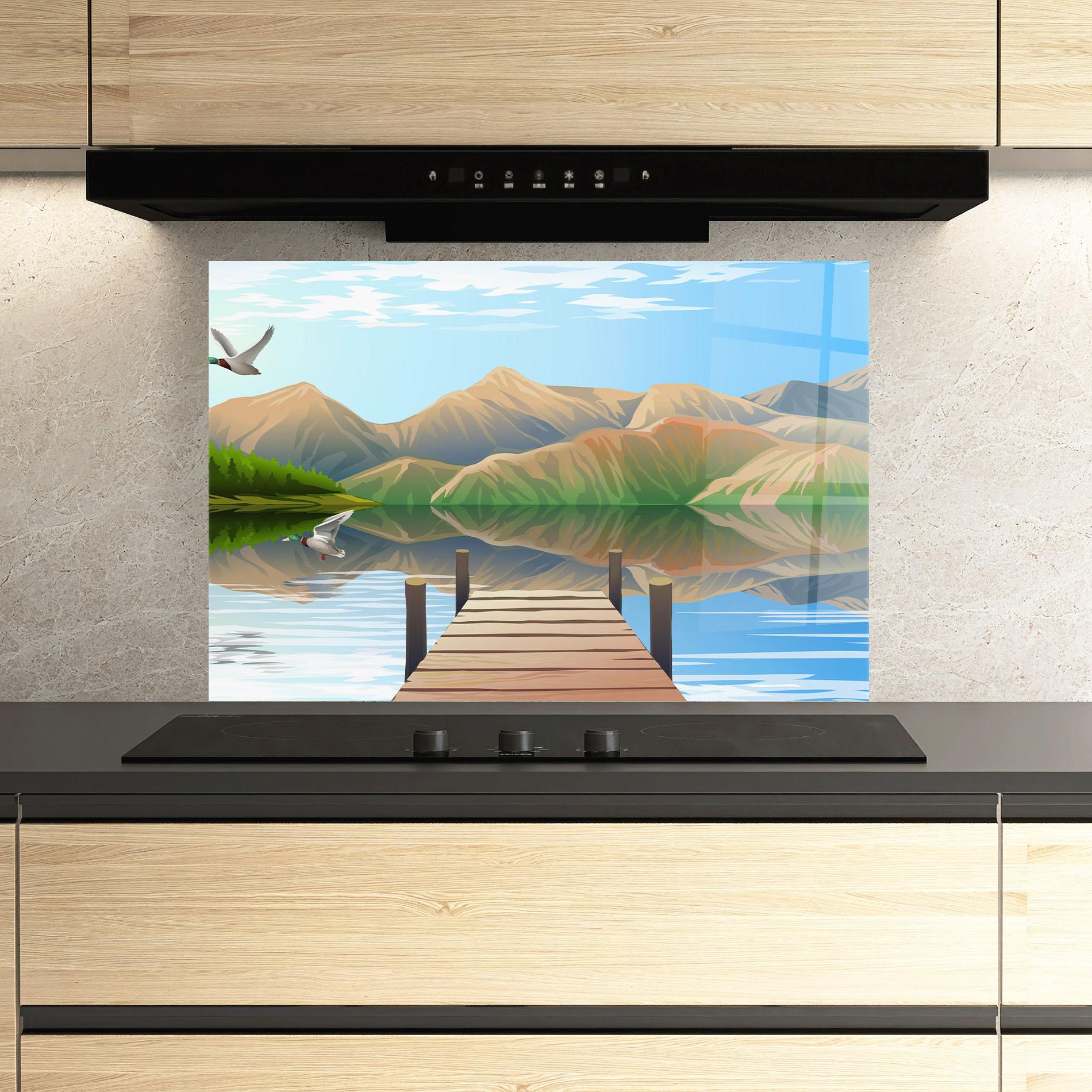 Küchenrückwand Glas Morning Lake mockup 3