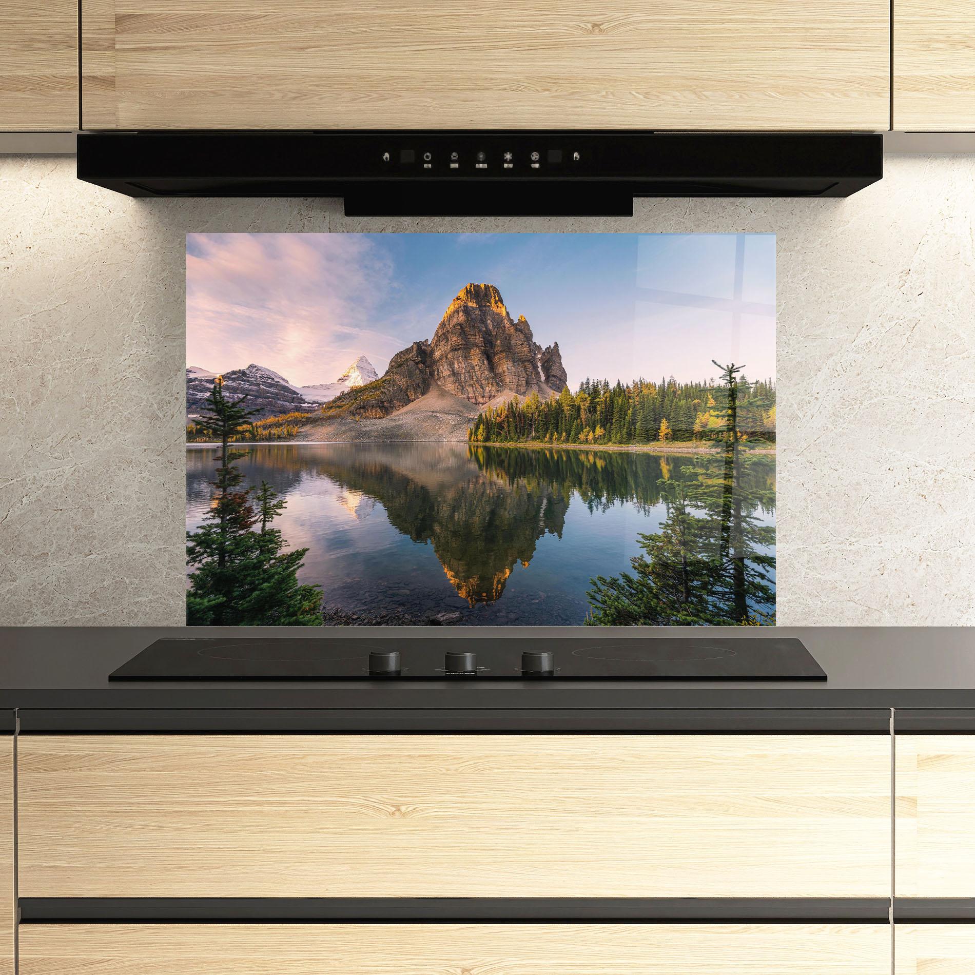 Küchenrückwand Glas Mountain Sunrise Lake mockup 3