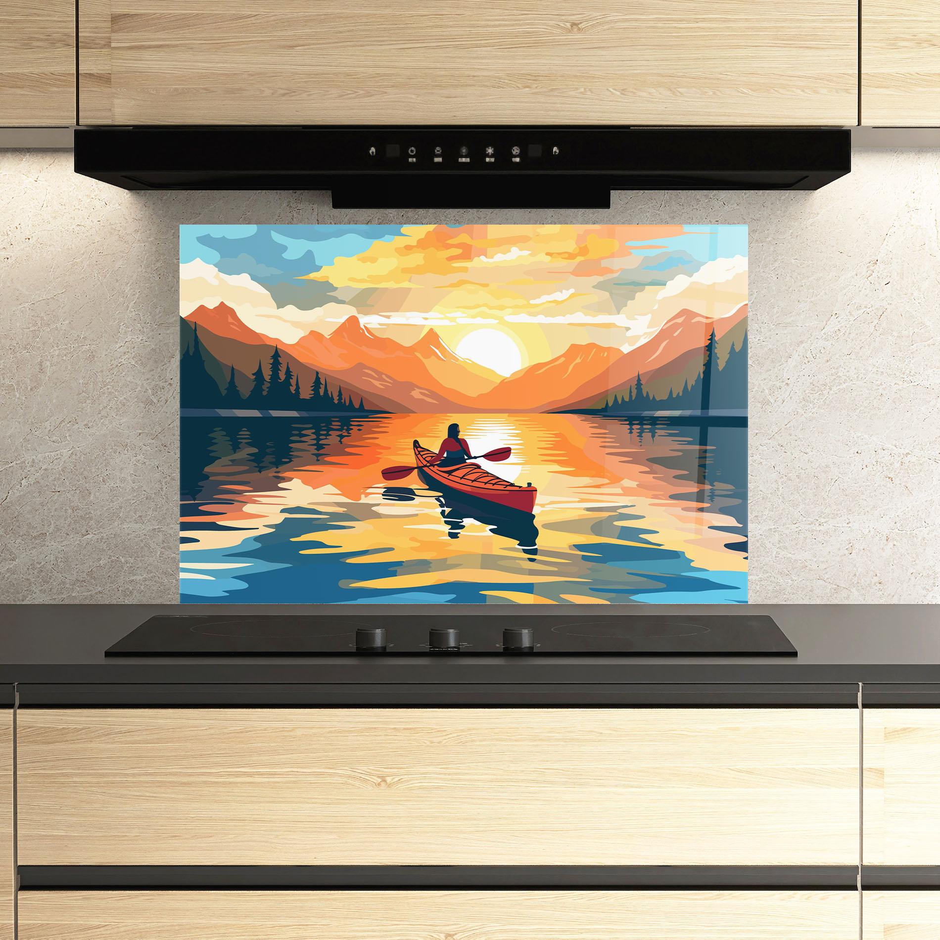 Küchenrückwand Glas Young_woman_kayaking_in_crystal_lake_illustration_6 mockup 3