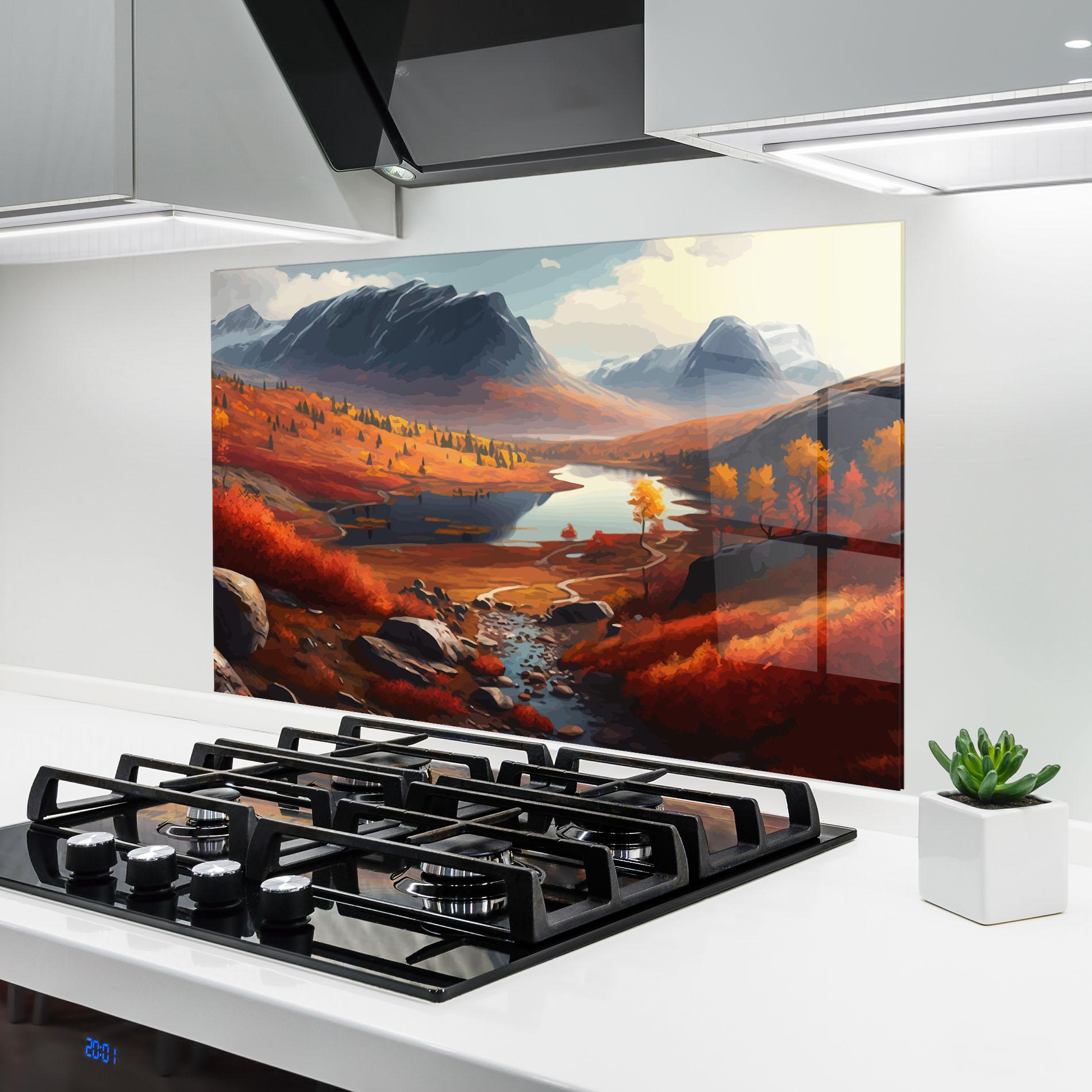 Küchenrückwand Glas Autumn Field Lake mockup 6
