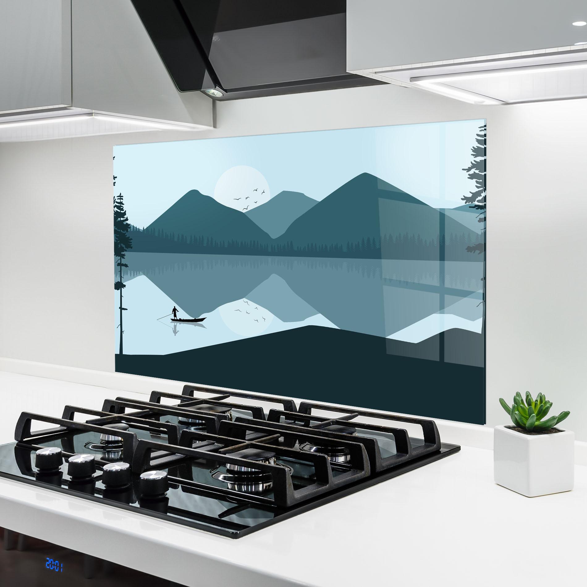 Küchenrückwand Glas Blue Light Lake mockup 6