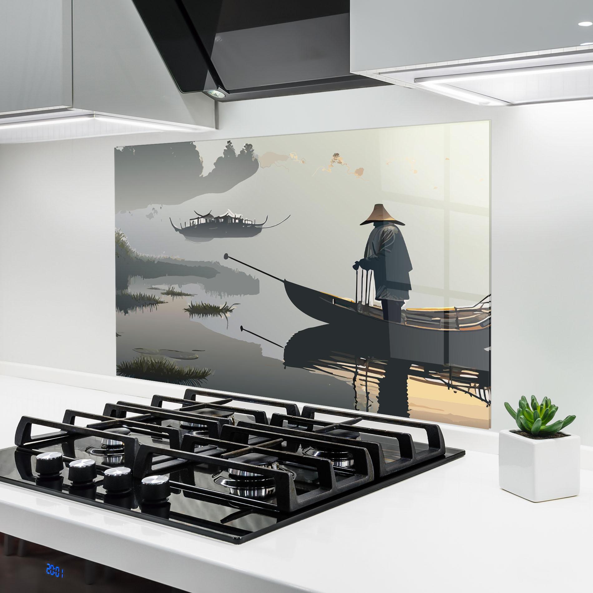 Küchenrückwand Glas Grey Lake Man mockup 6