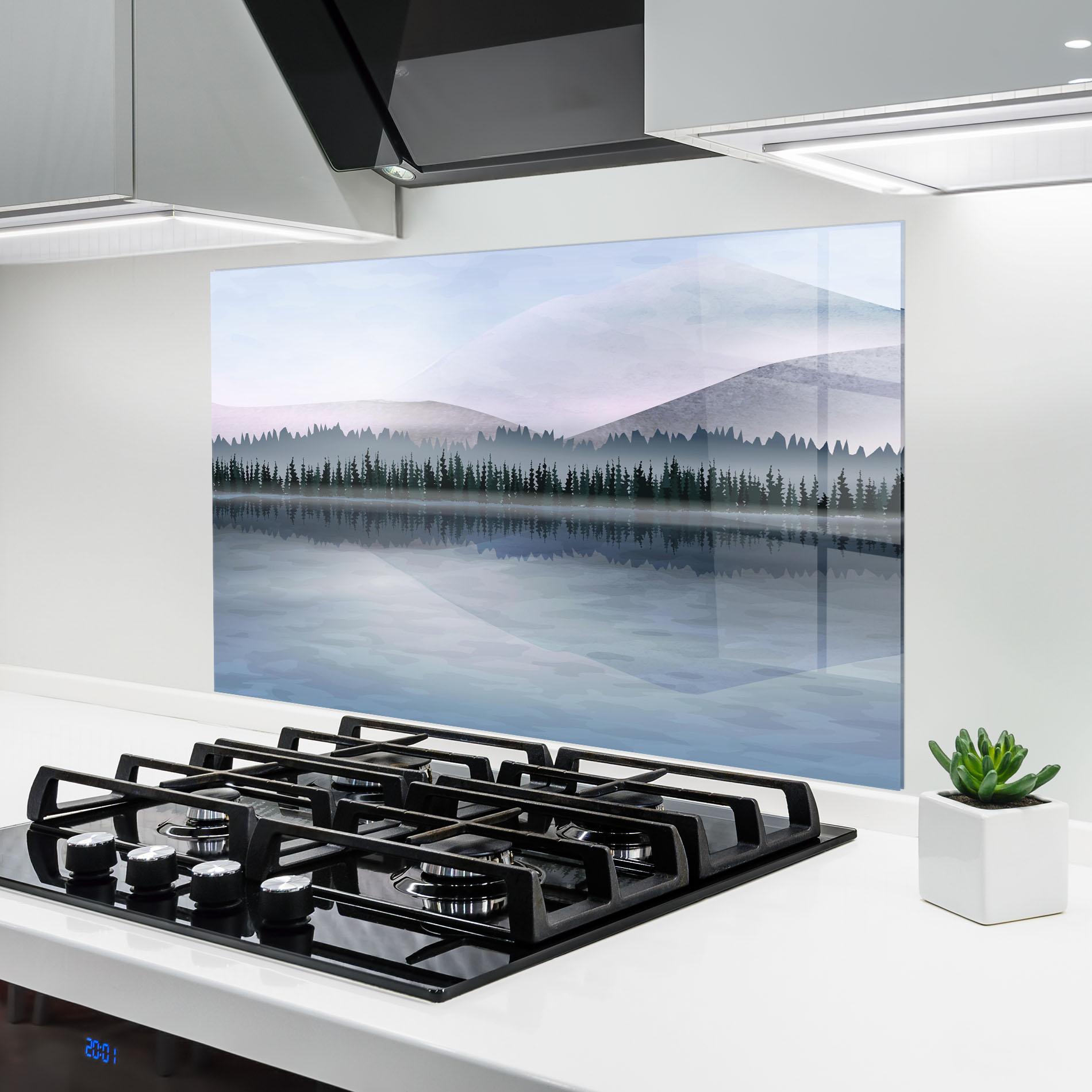 Küchenrückwand Glas Grey Lake Trees mockup 6