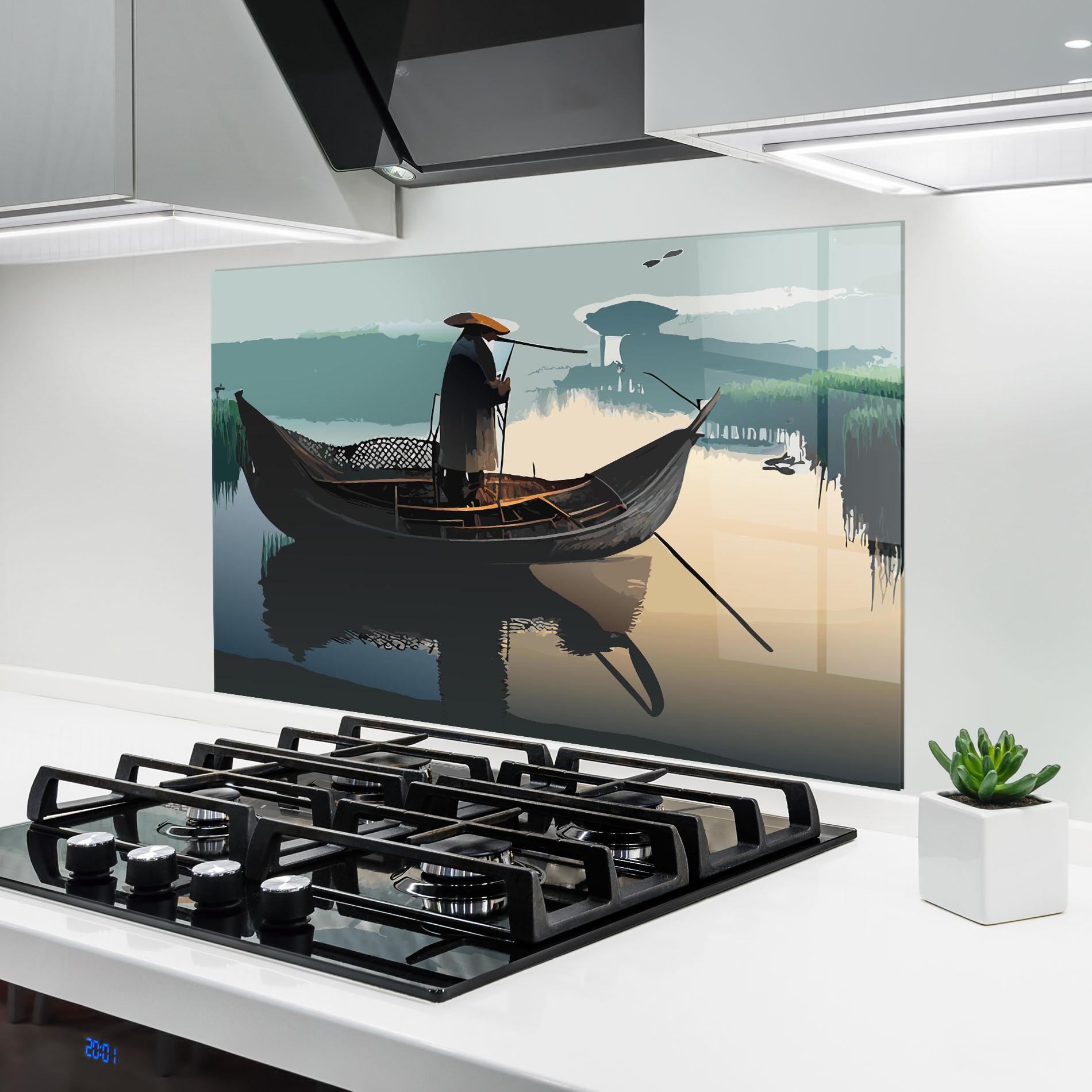 Küchenrückwand Glas Japan Man Lake mockup 6