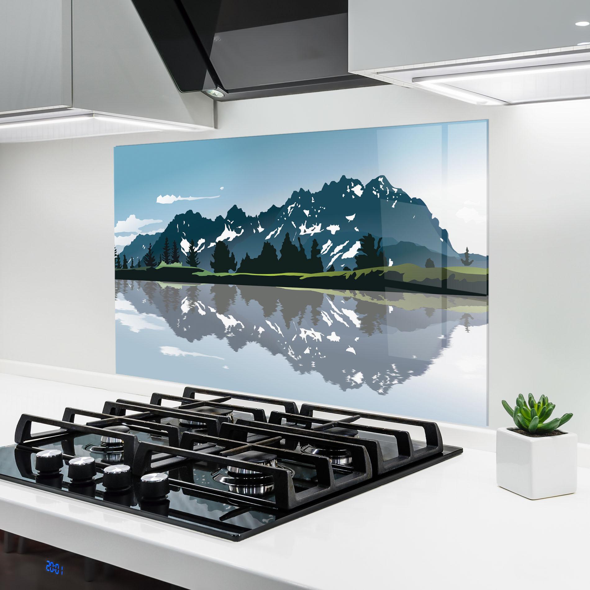 Küchenrückwand Glas Lake Blue Mountain mockup 6