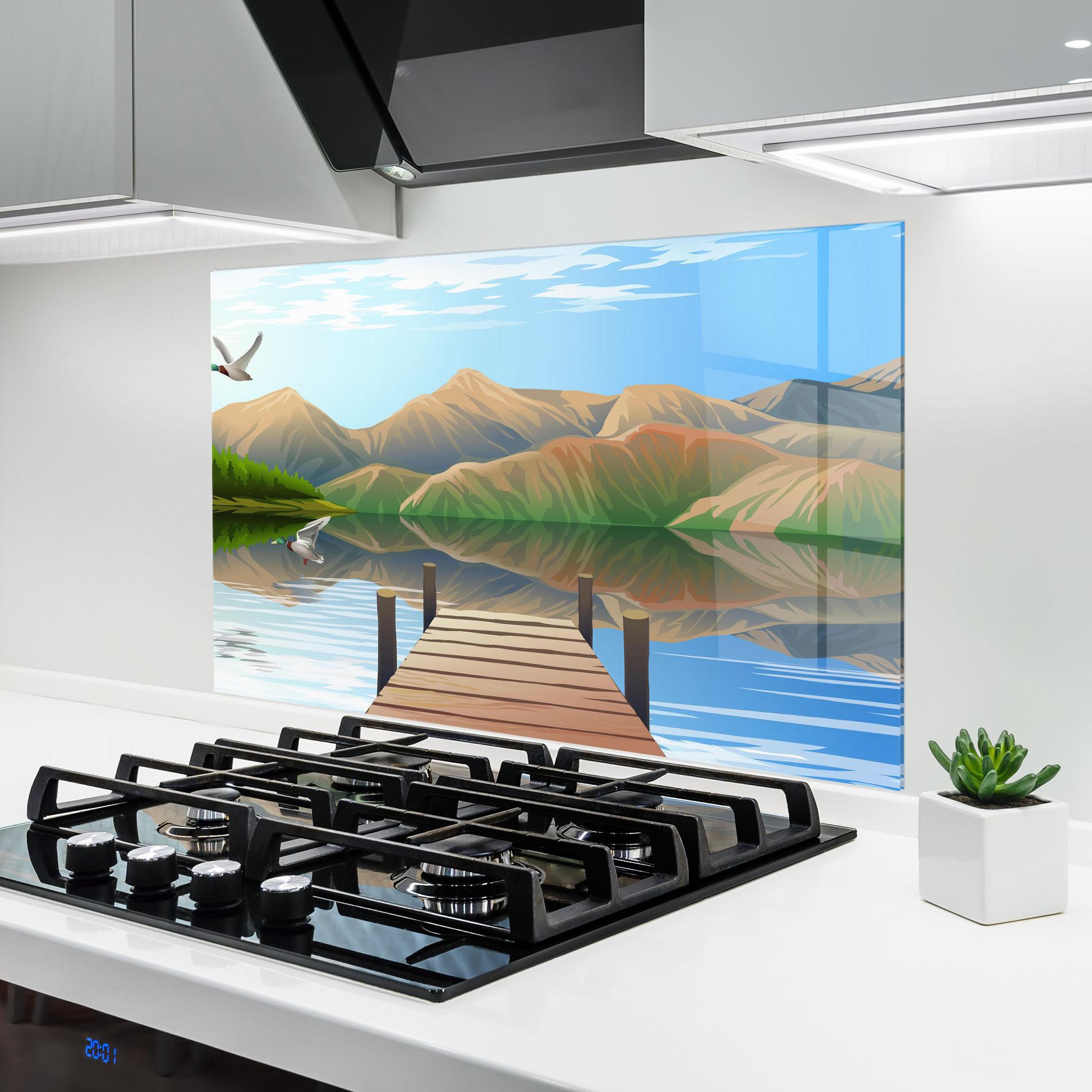 Küchenrückwand Glas Morning Lake mockup 6