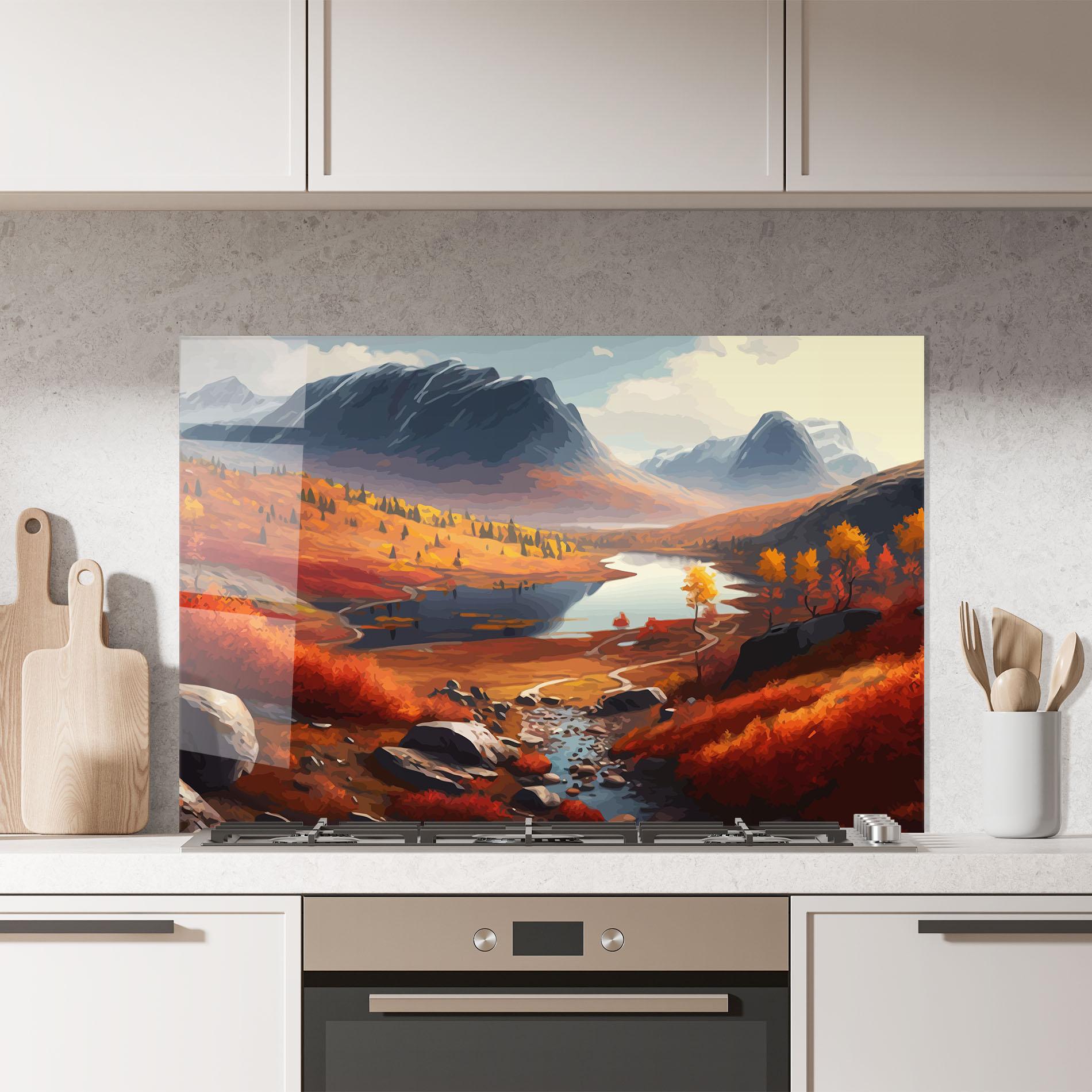 Küchenrückwand Glas Autumn Field Lake mockup 7