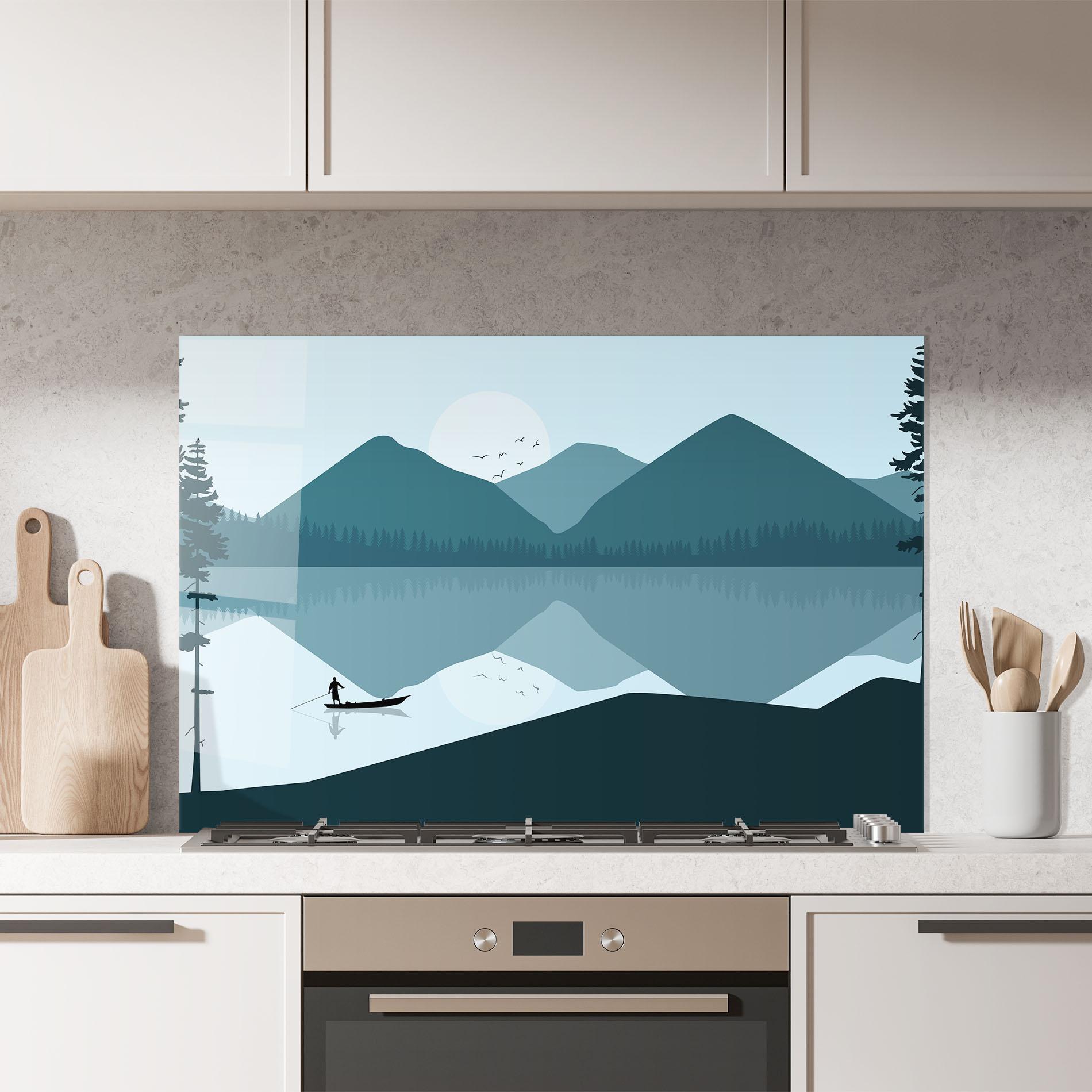 Küchenrückwand Glas Blue Light Lake mockup 7