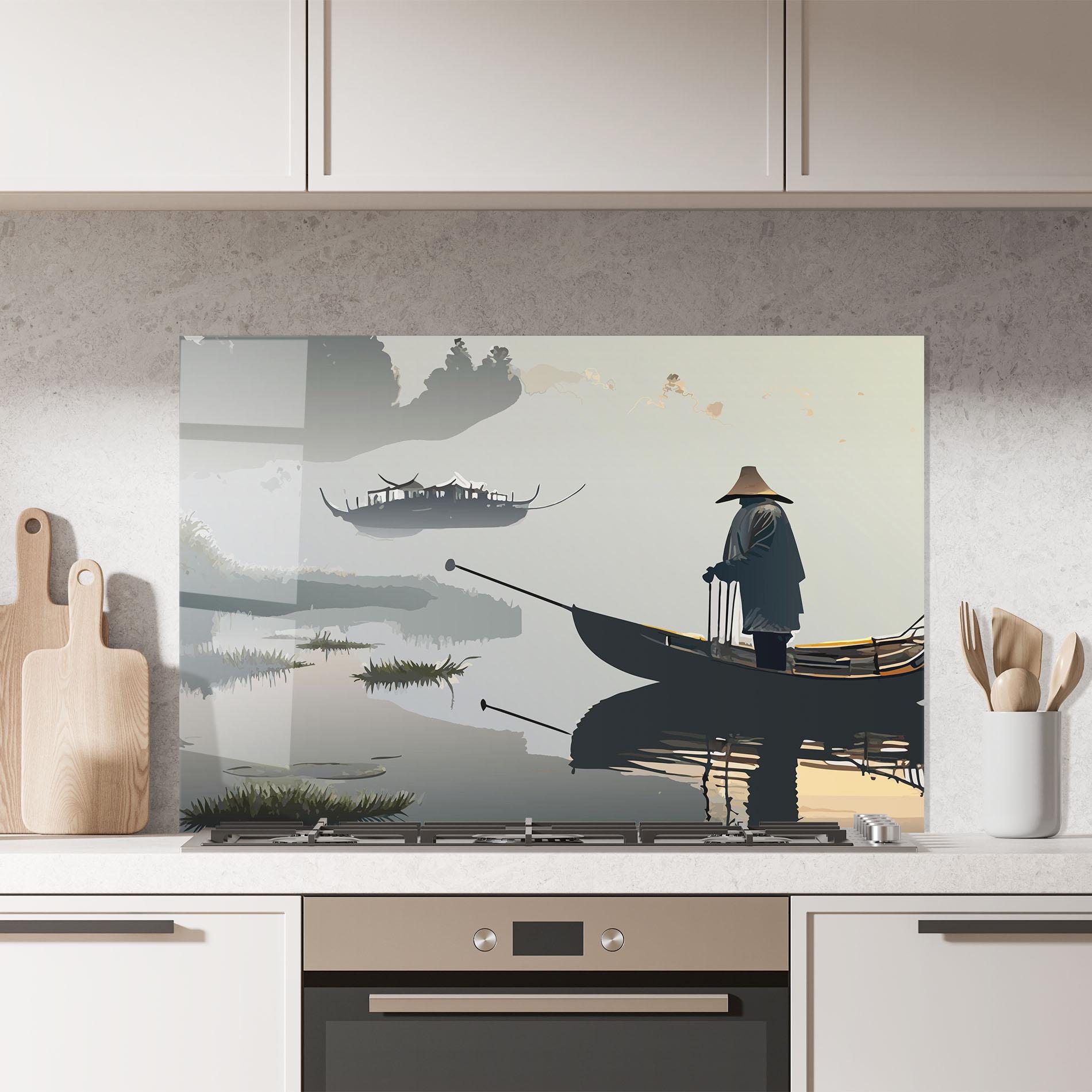 Küchenrückwand Glas Grey Lake Man mockup 7