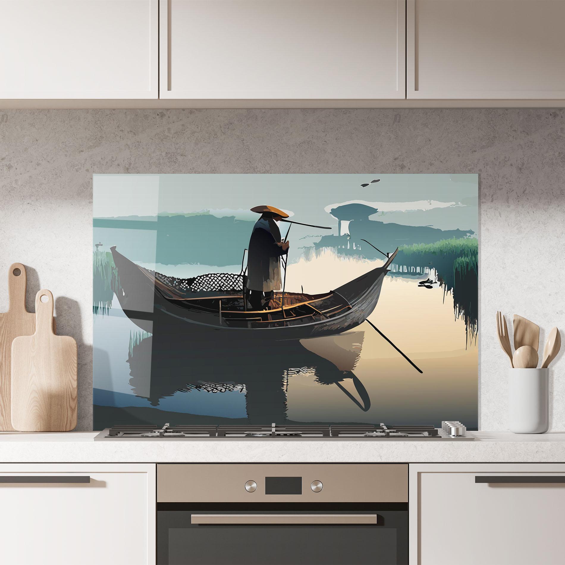 Küchenrückwand Glas Japan Man Lake mockup 7