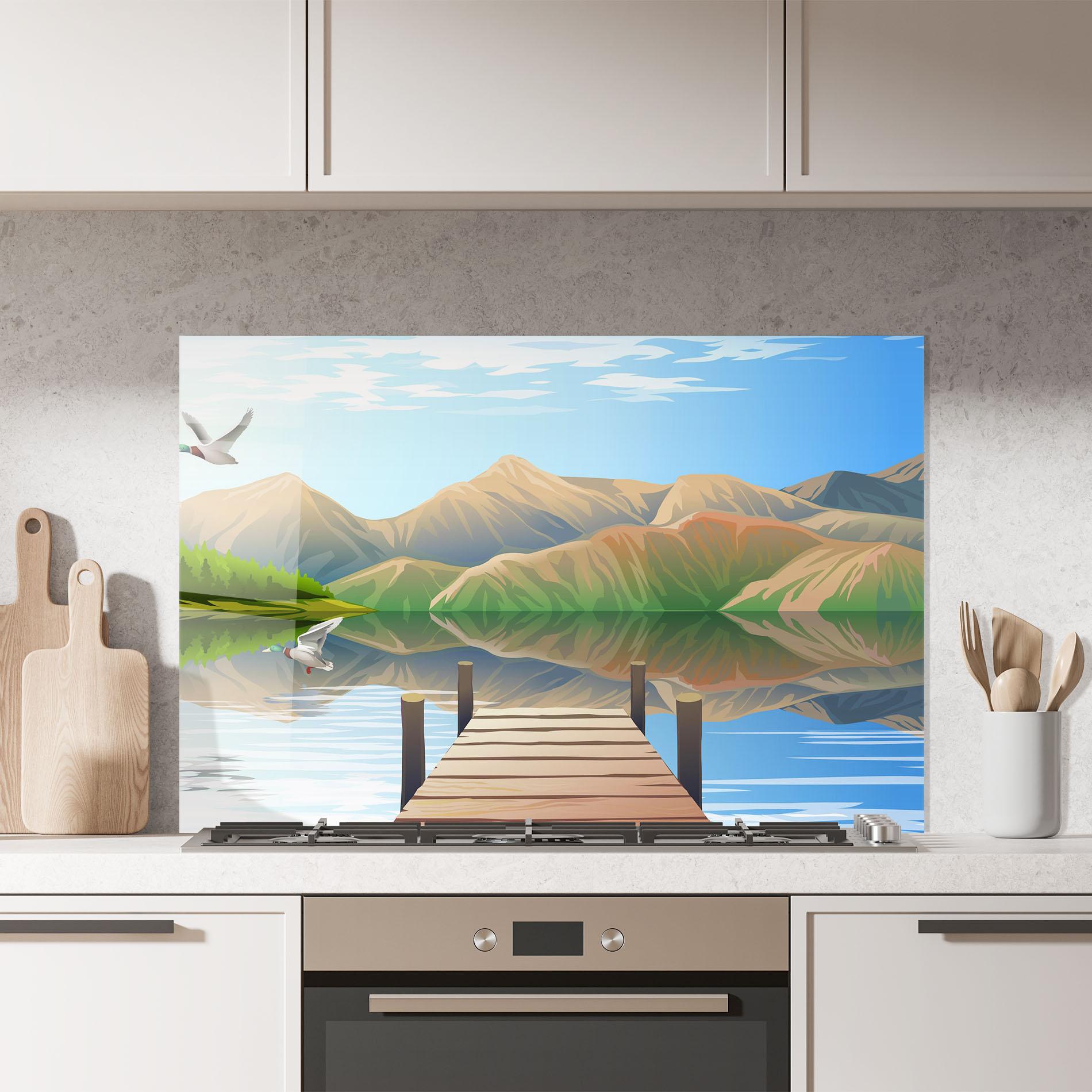 Küchenrückwand Glas Morning Lake mockup 7