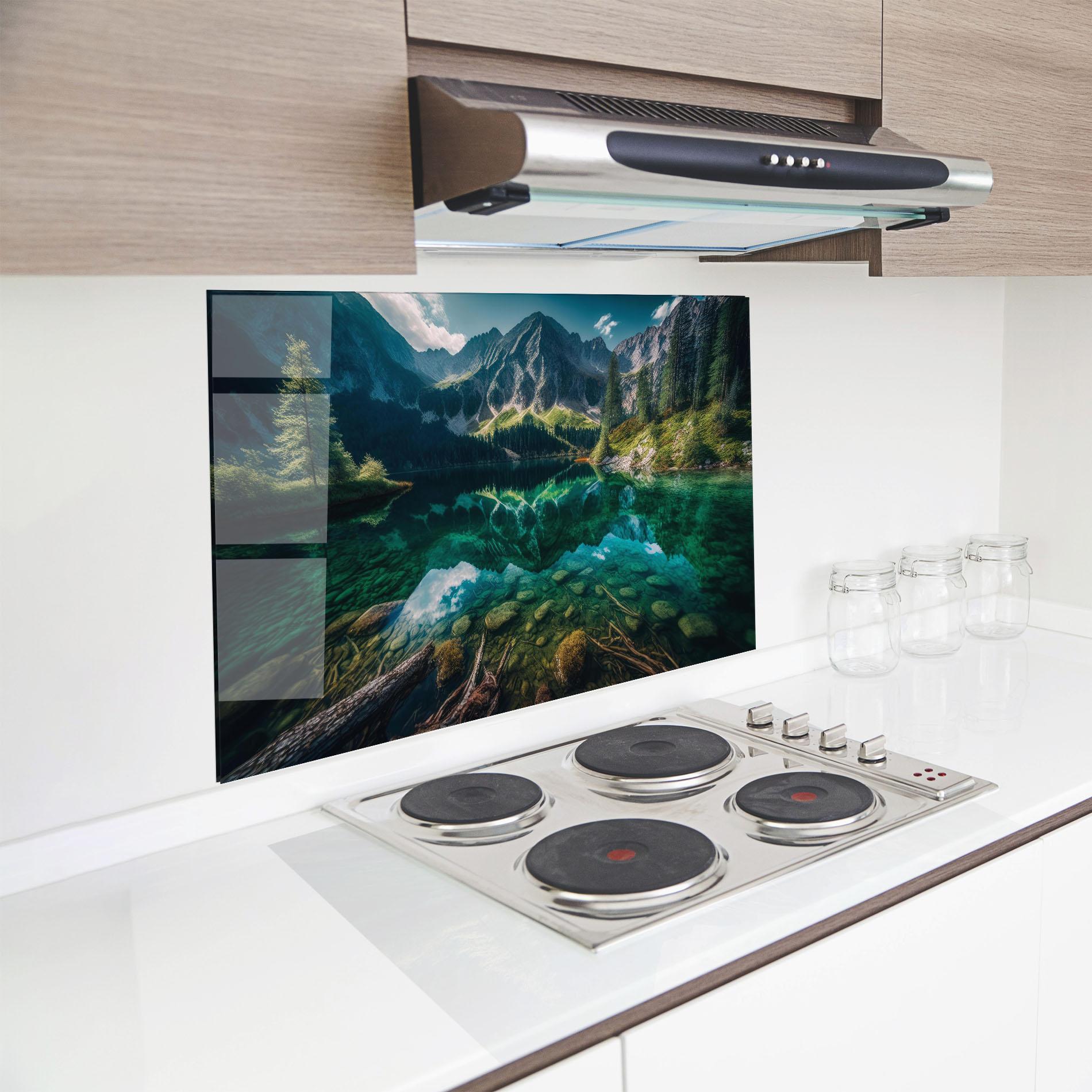 Küchenrückwand Glas Beautiful Lake Mountain mockup 8