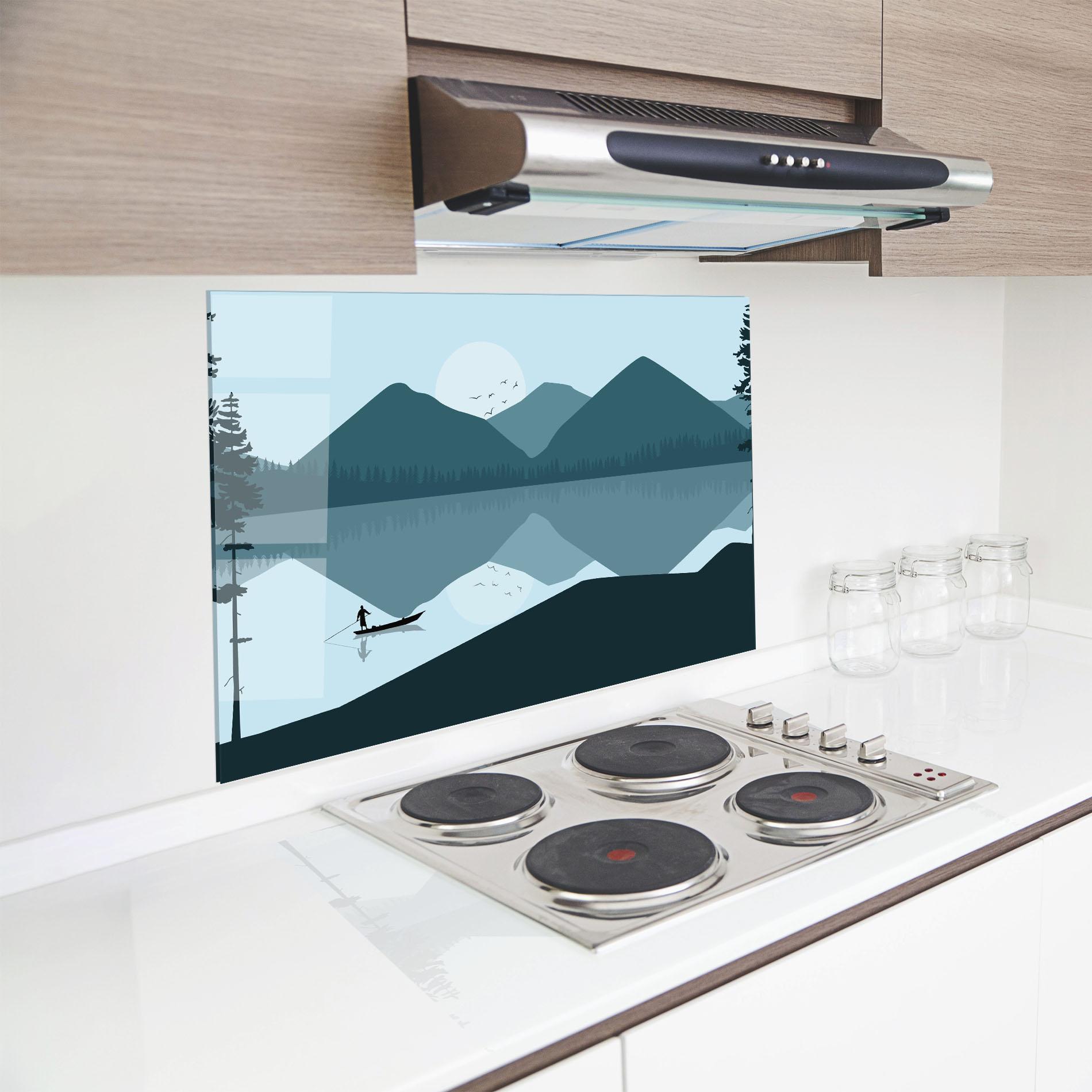 Küchenrückwand Glas Blue Light Lake mockup 8