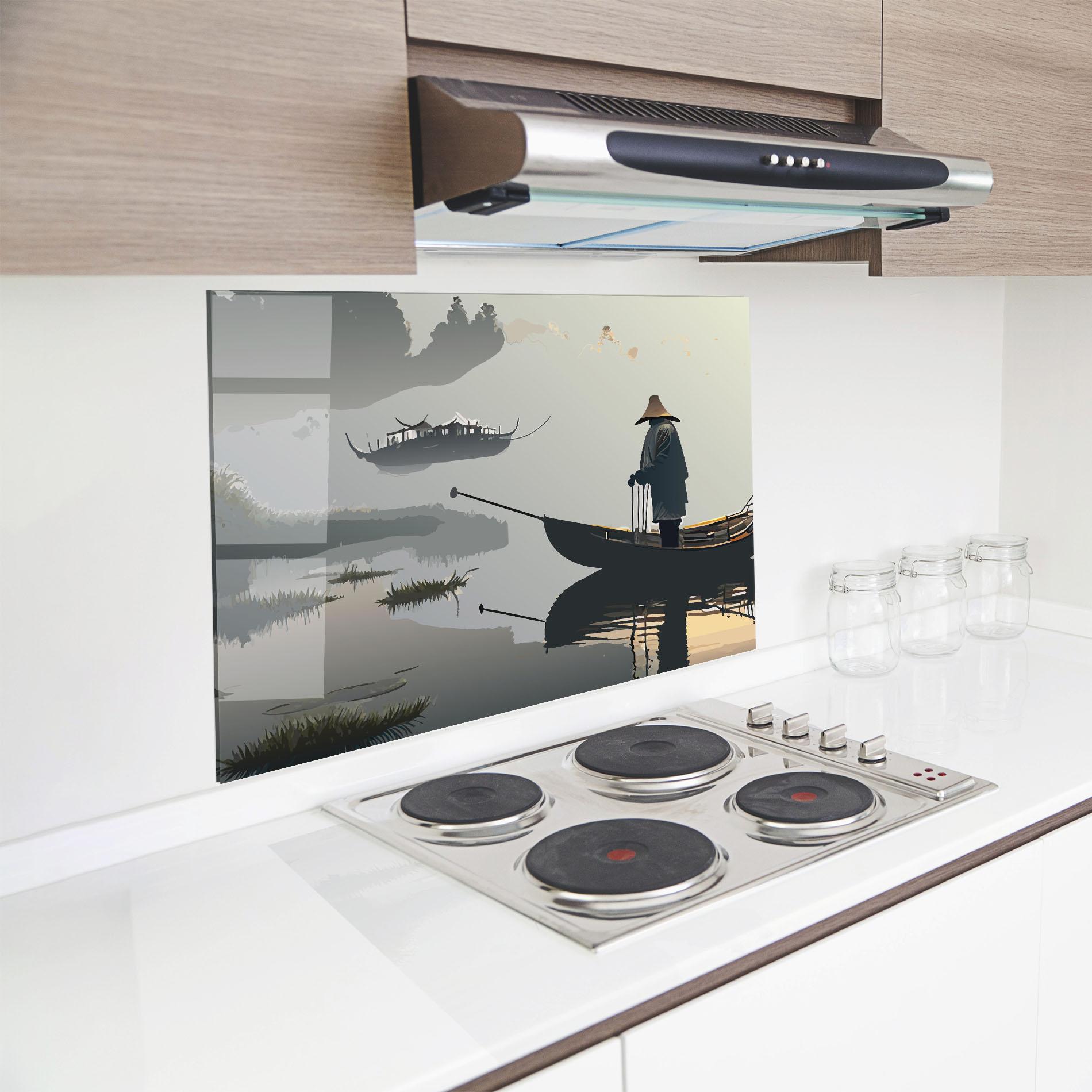 Küchenrückwand Glas Grey Lake Man mockup 8