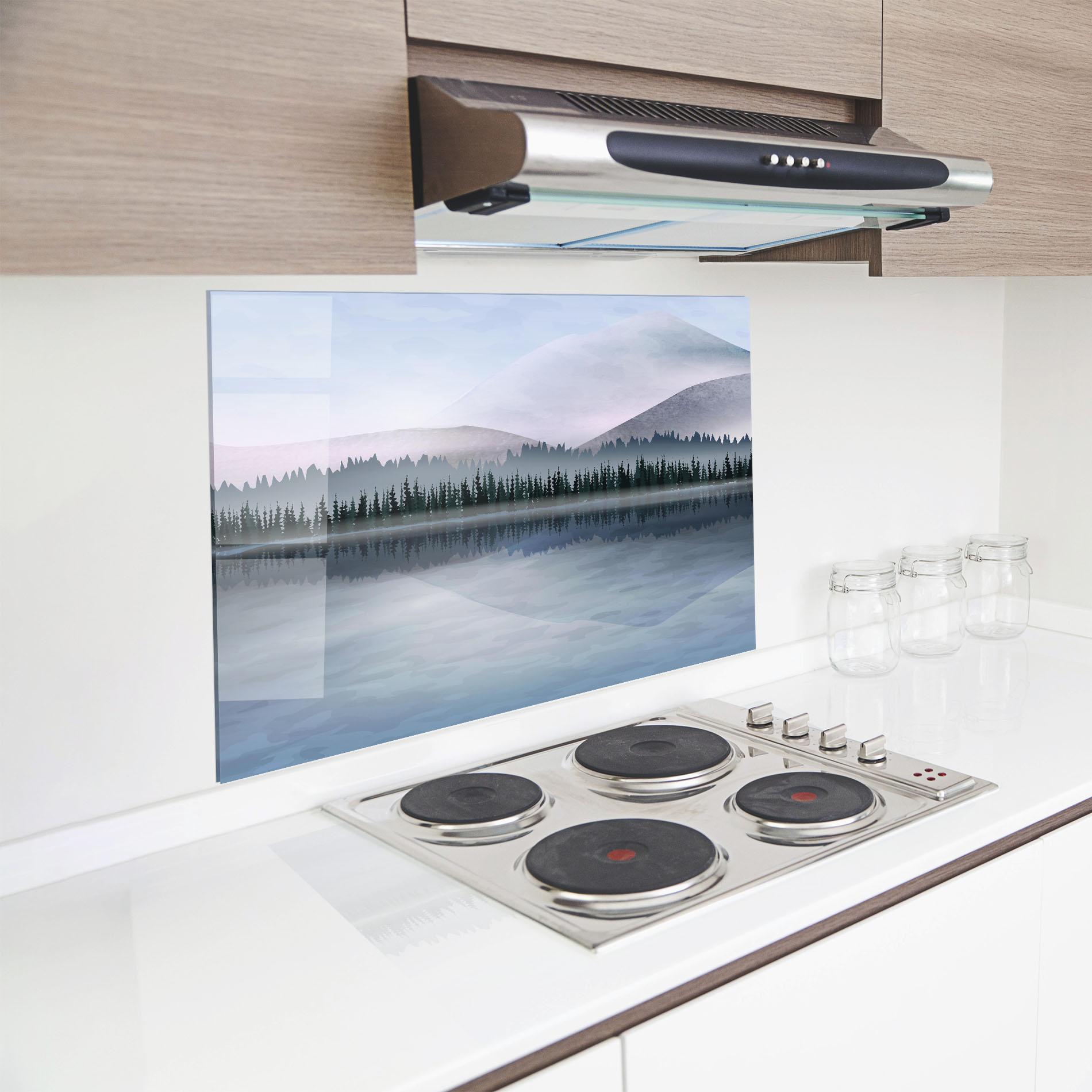 Küchenrückwand Glas Grey Lake Trees mockup 8