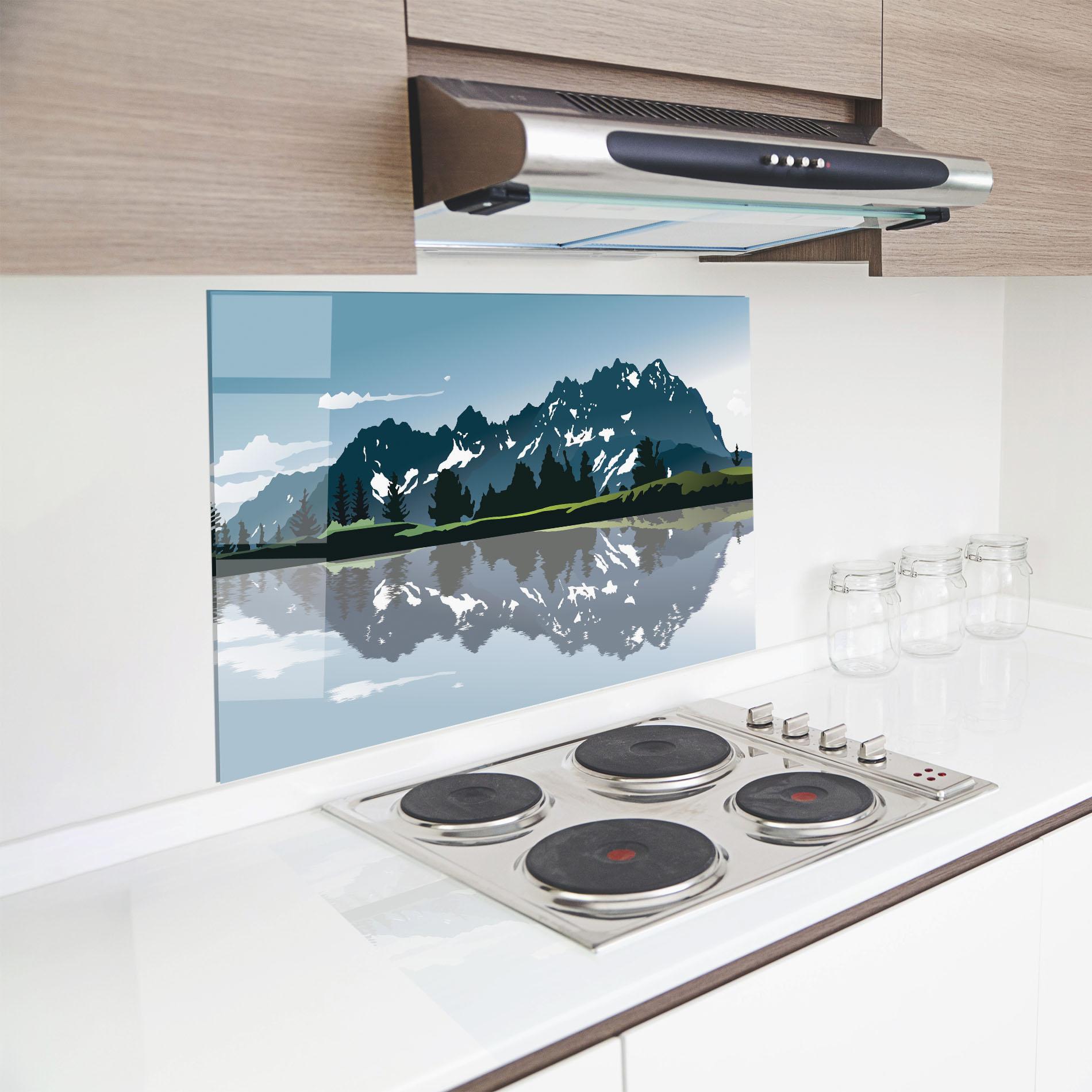 Küchenrückwand Glas Lake Blue Mountain mockup 8