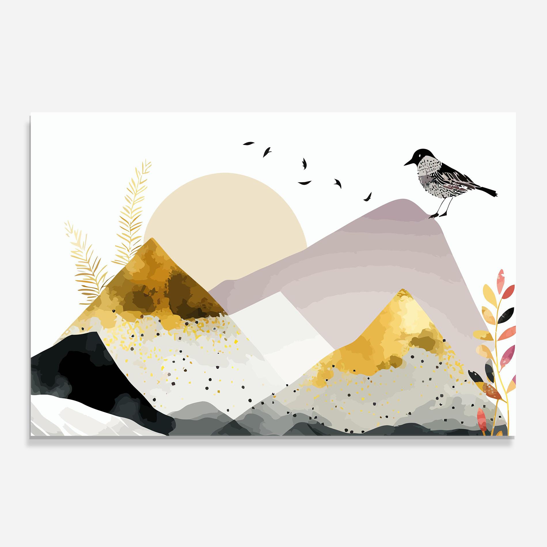 Küchenrückwand Glas Bird Gold Mountain mockup 0