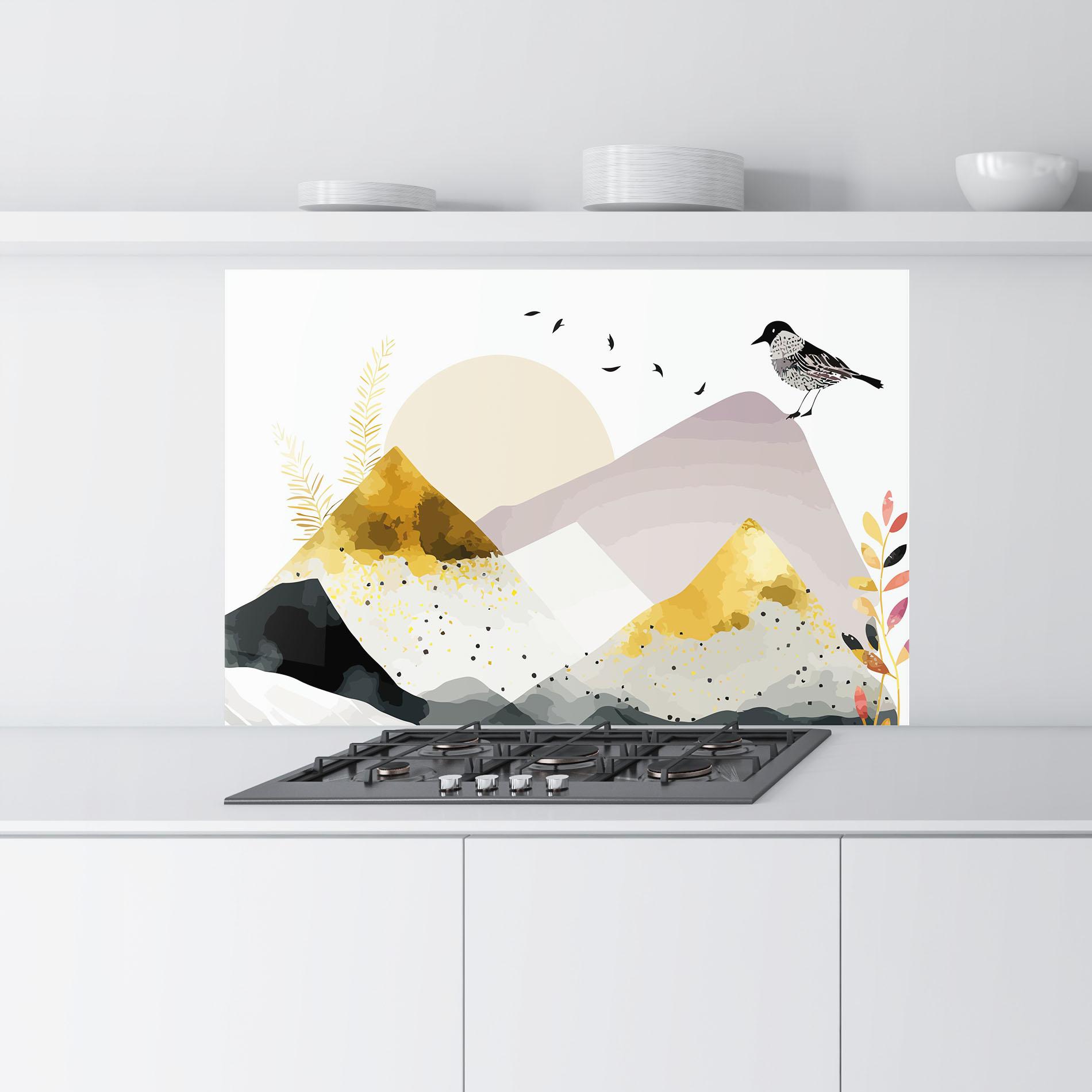 Küchenrückwand Glas Bird Gold Mountain mockup 9