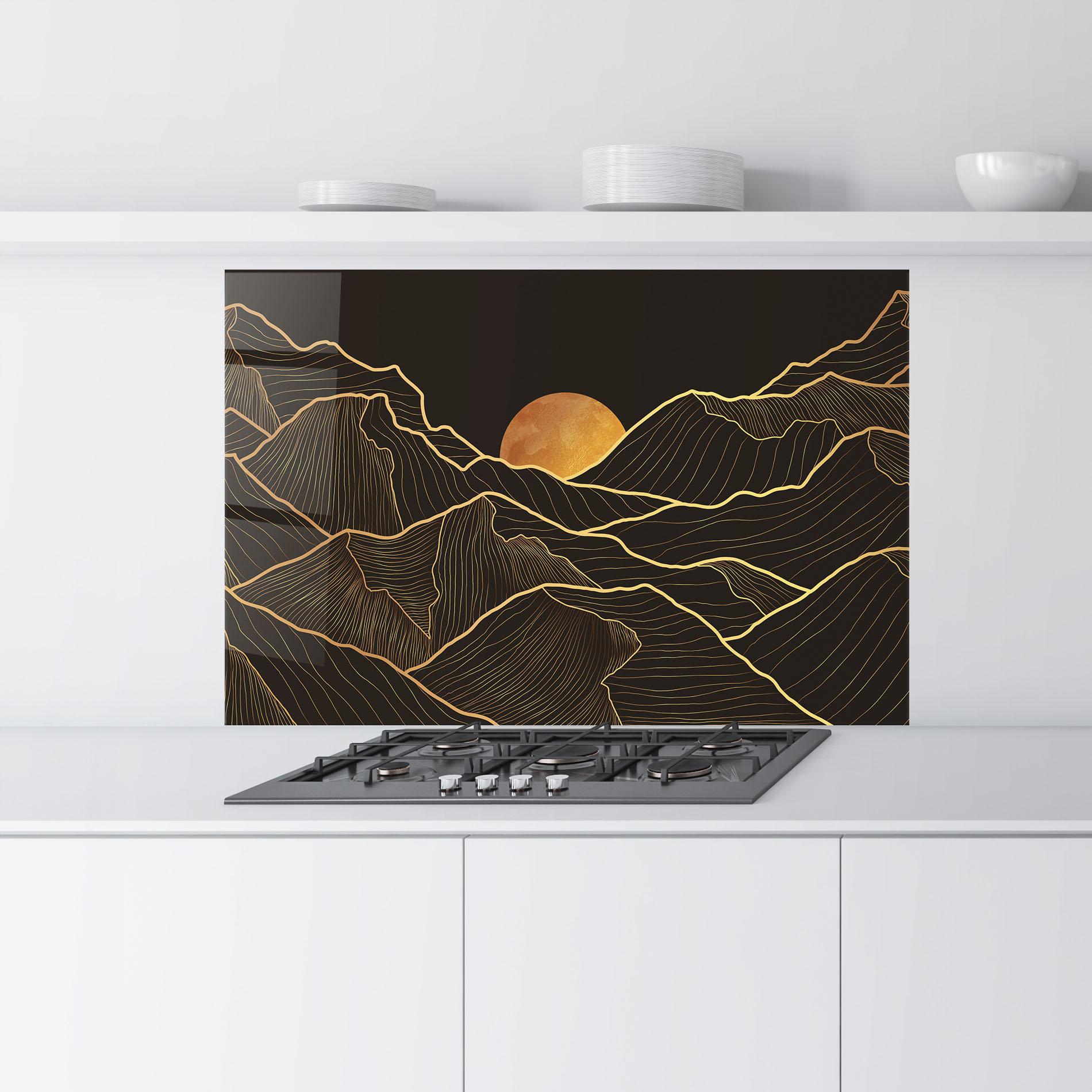 Küchenrückwand Glas Black Gold Mountains mockup 9