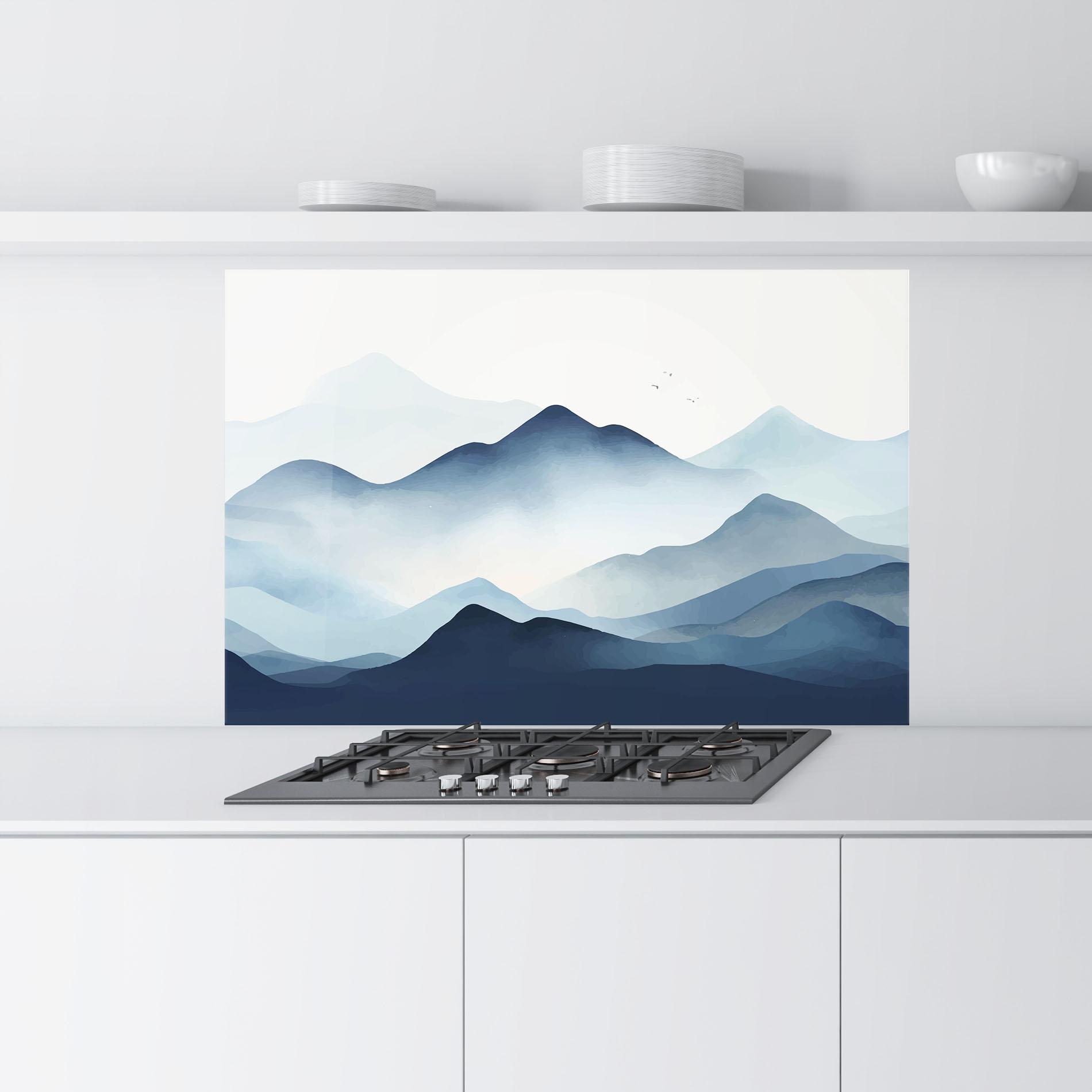 Küchenrückwand Glas Blue Foggy Mountain mockup 9