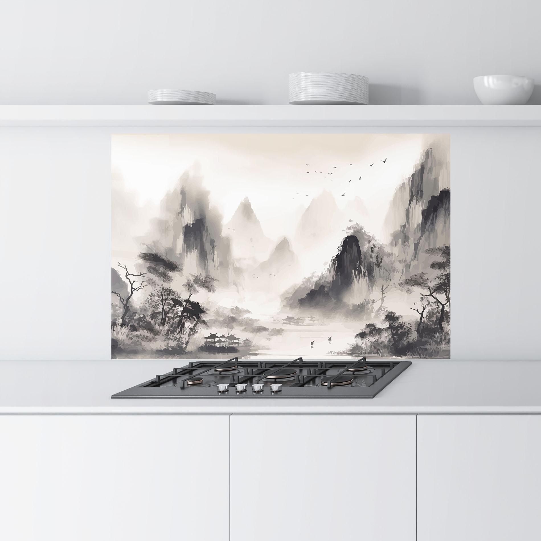 Küchenrückwand Glas Far Away Mountain mockup 9