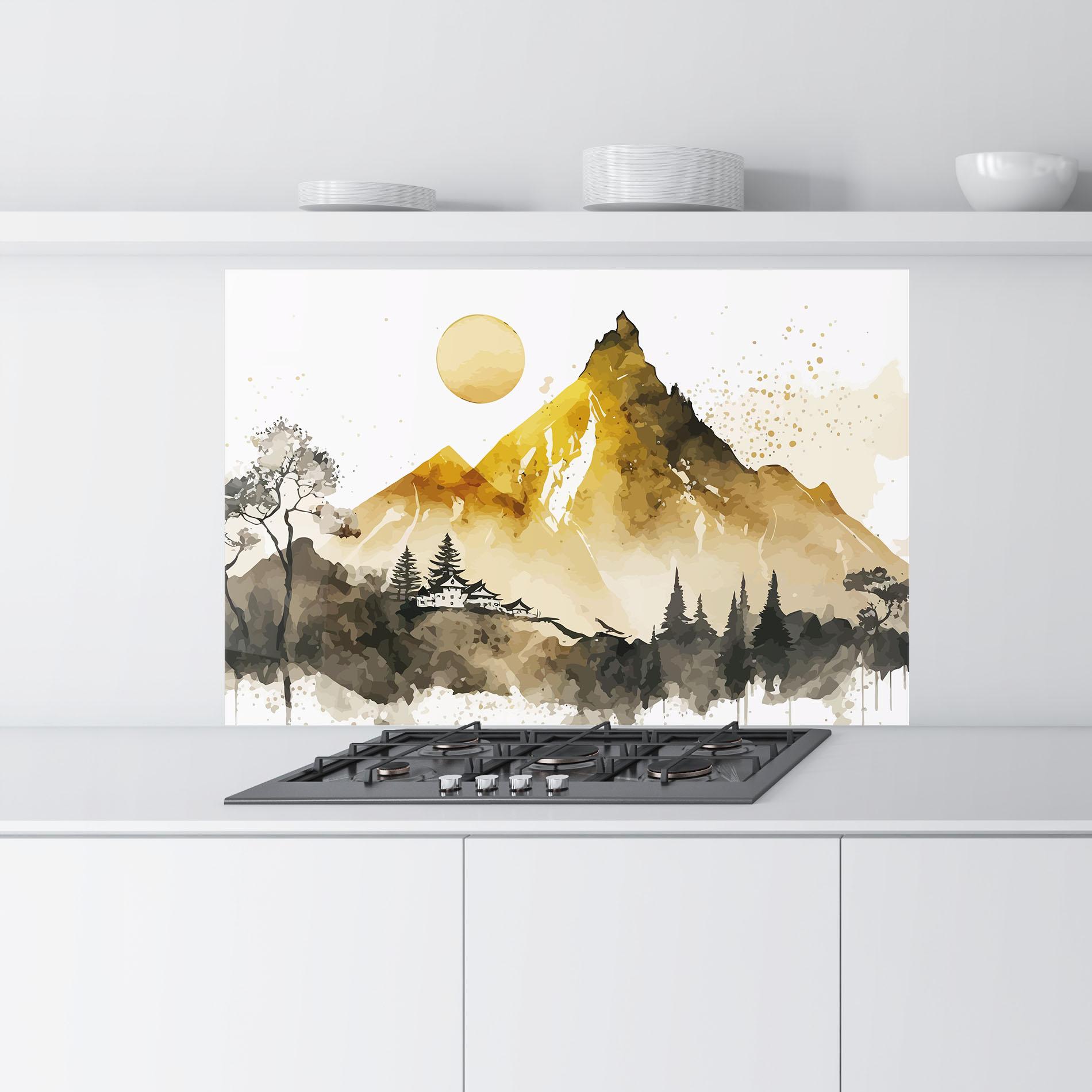 Küchenrückwand Glas Gold Mountain Art mockup 9