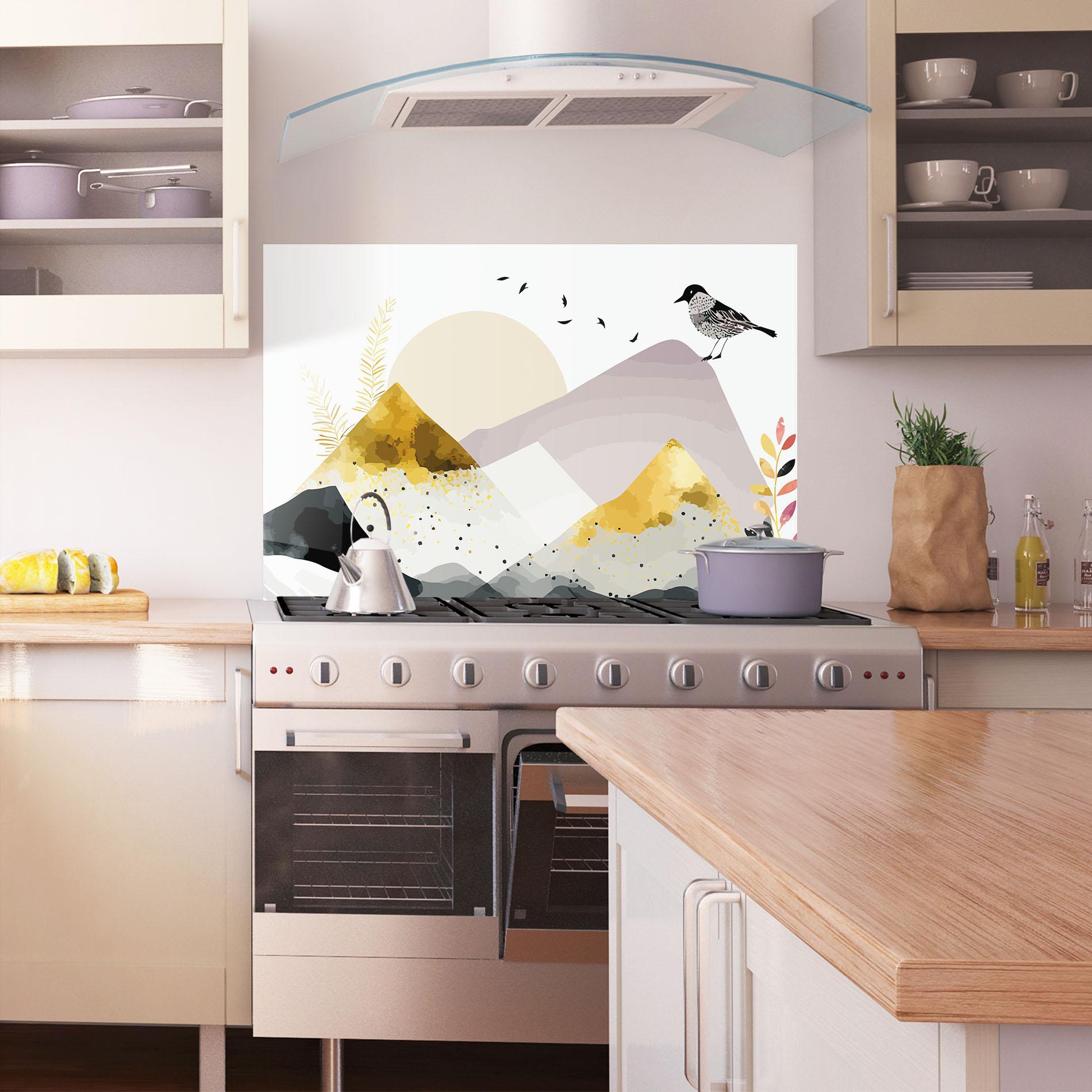 Küchenrückwand Glas Bird Gold Mountain mockup 1