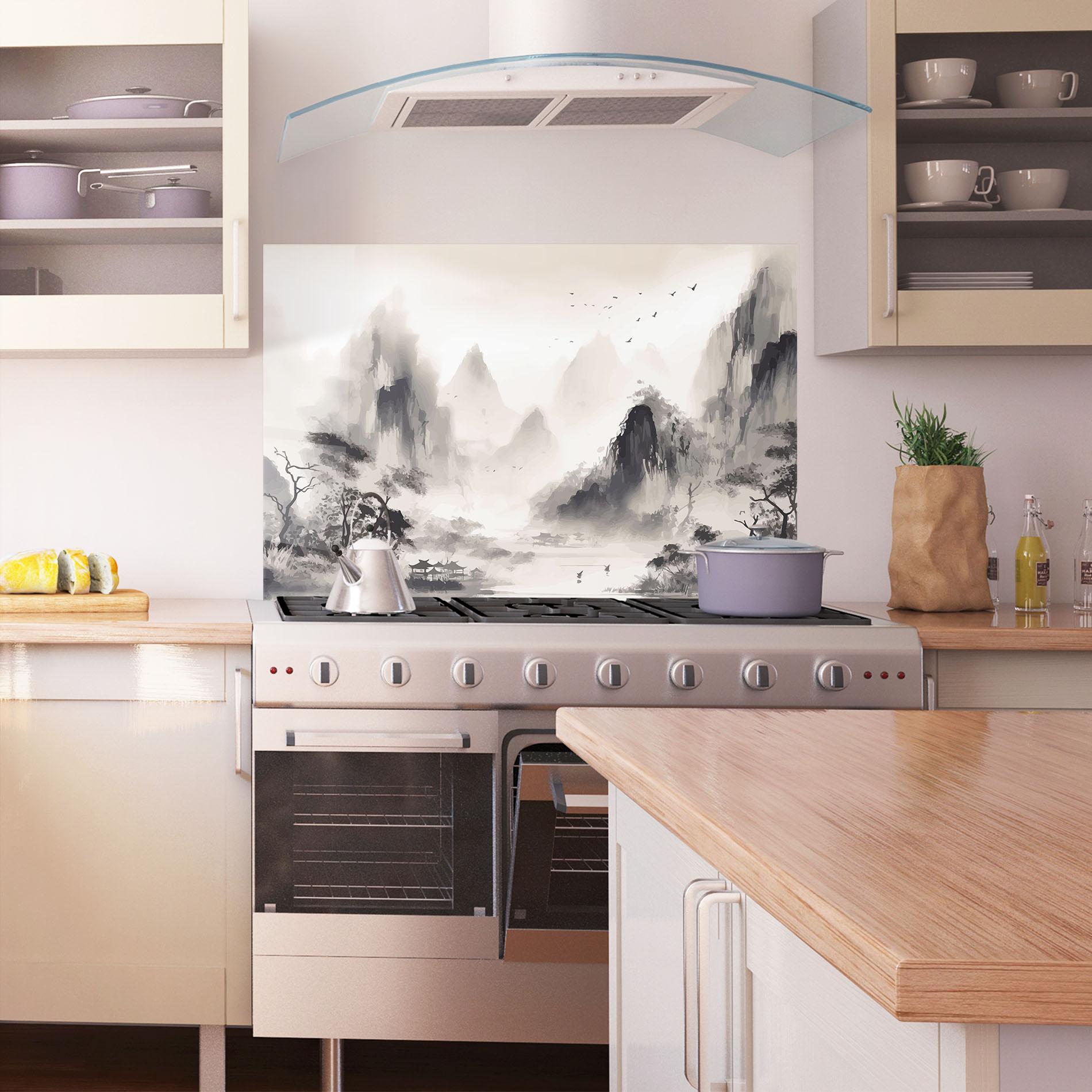 Küchenrückwand Glas Far Away Mountain mockup 1