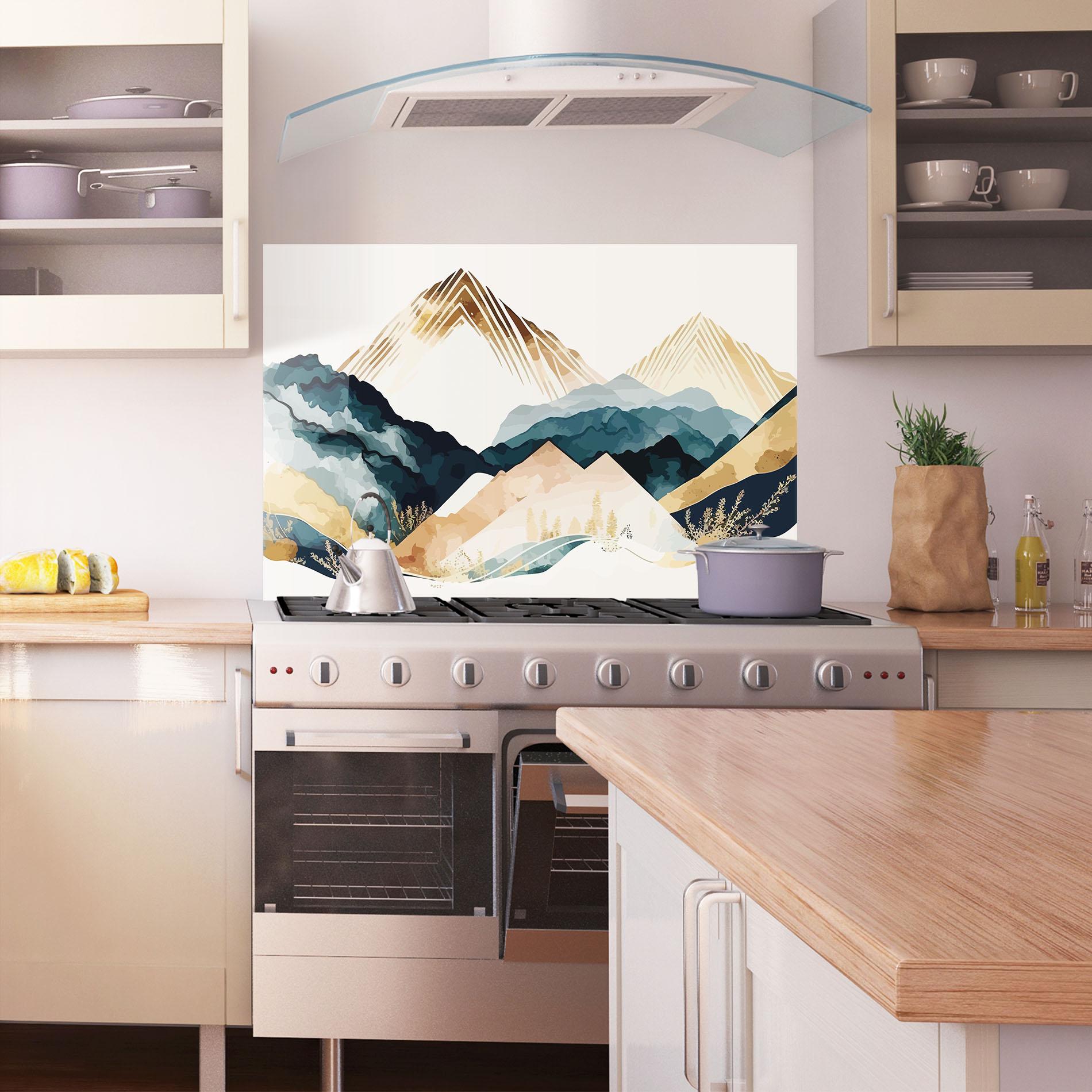 Küchenrückwand Glas Gold Green Mountain mockup 1