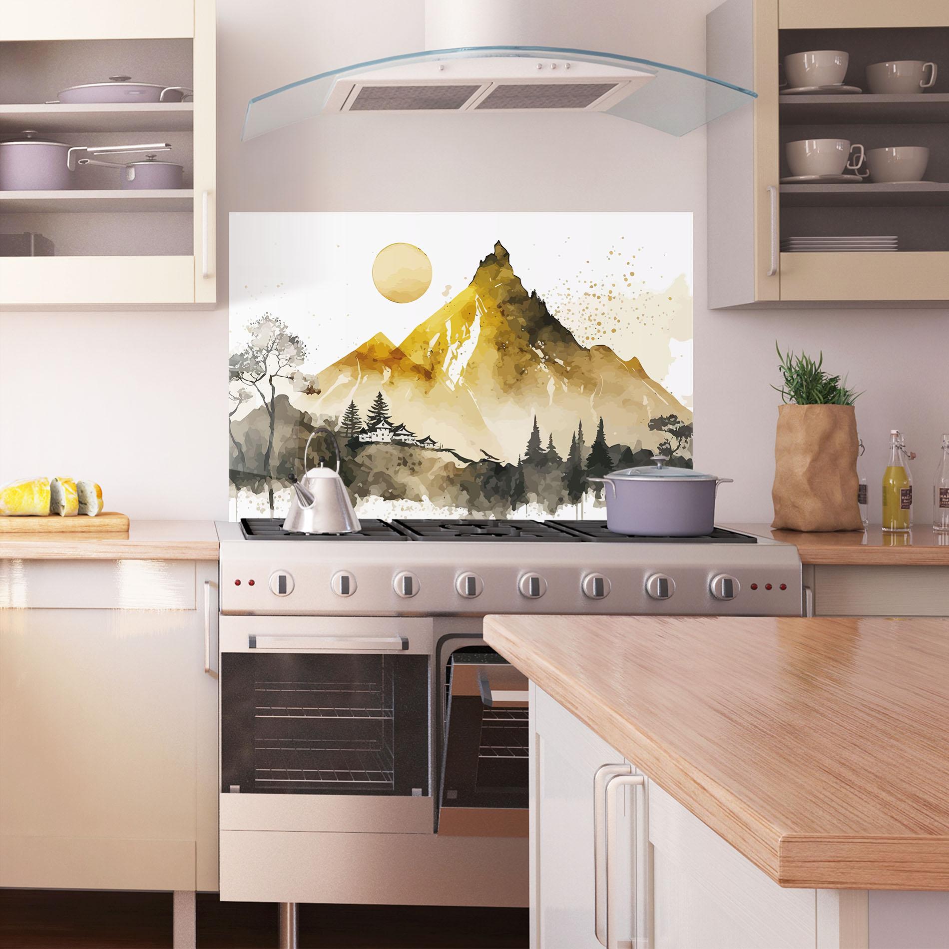 Küchenrückwand Glas Gold Mountain Art mockup 1