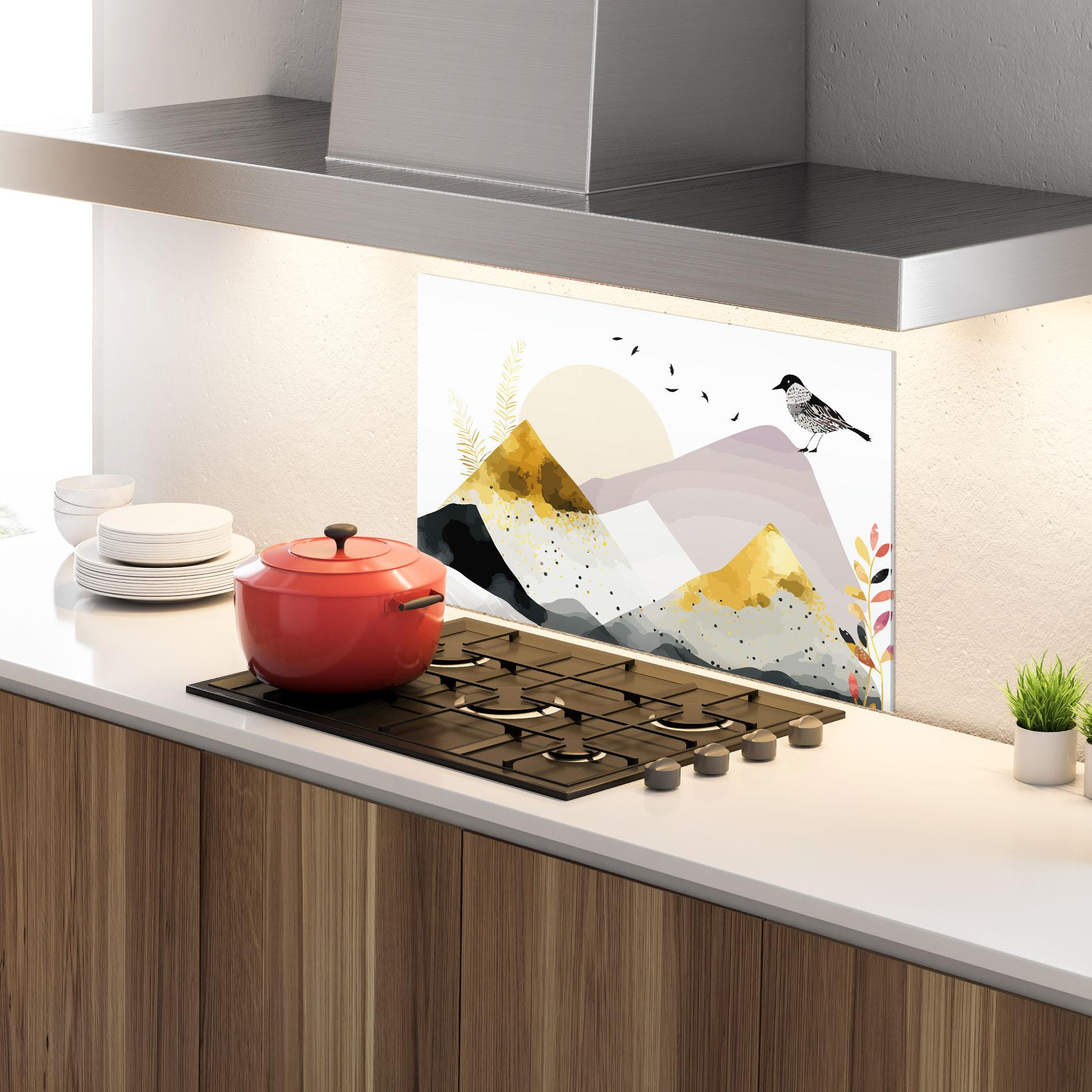 Küchenrückwand Glas Bird Gold Mountain mockup 4