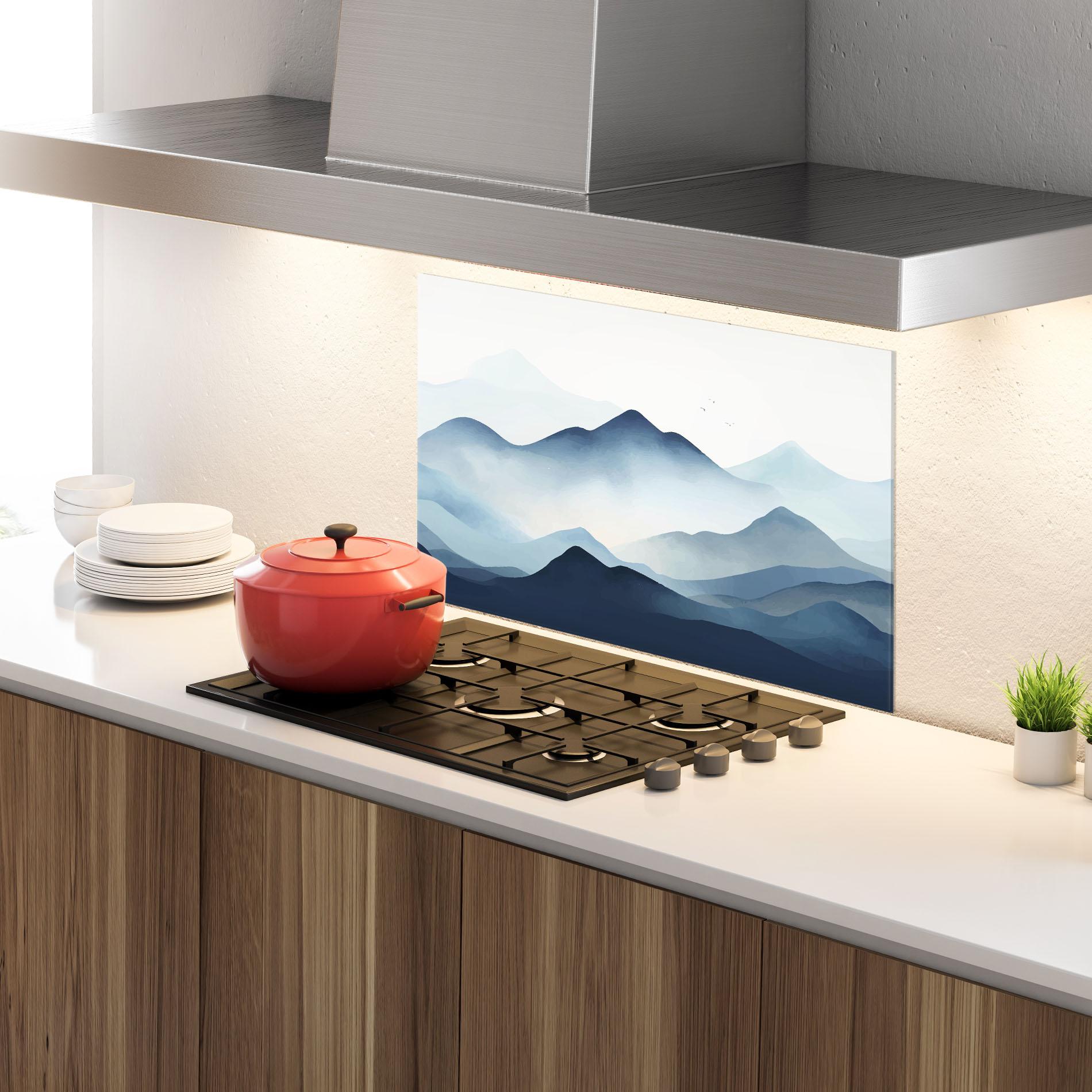 Küchenrückwand Glas Blue Foggy Mountain mockup 4