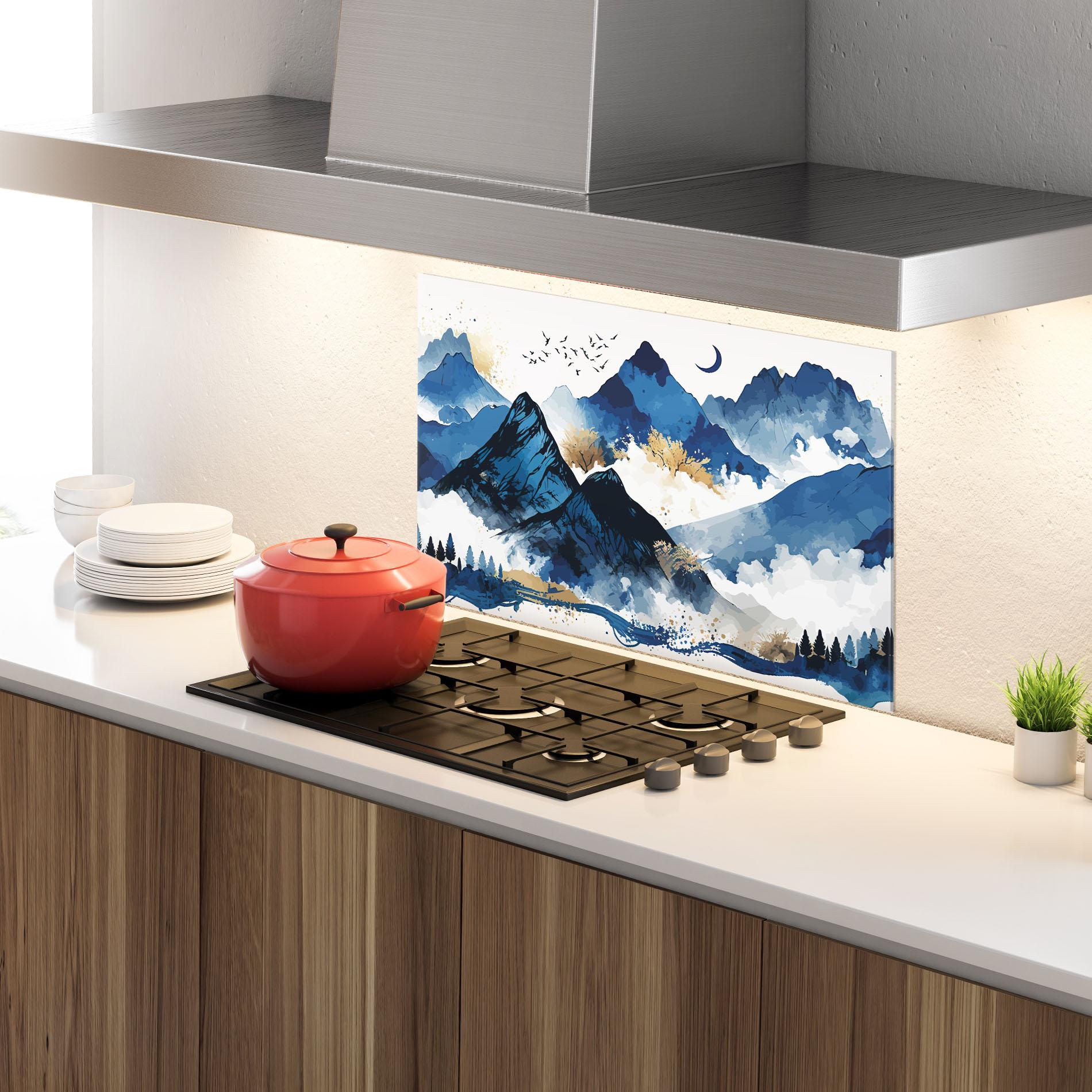 Küchenrückwand Glas Blue Mountain Moon mockup 4