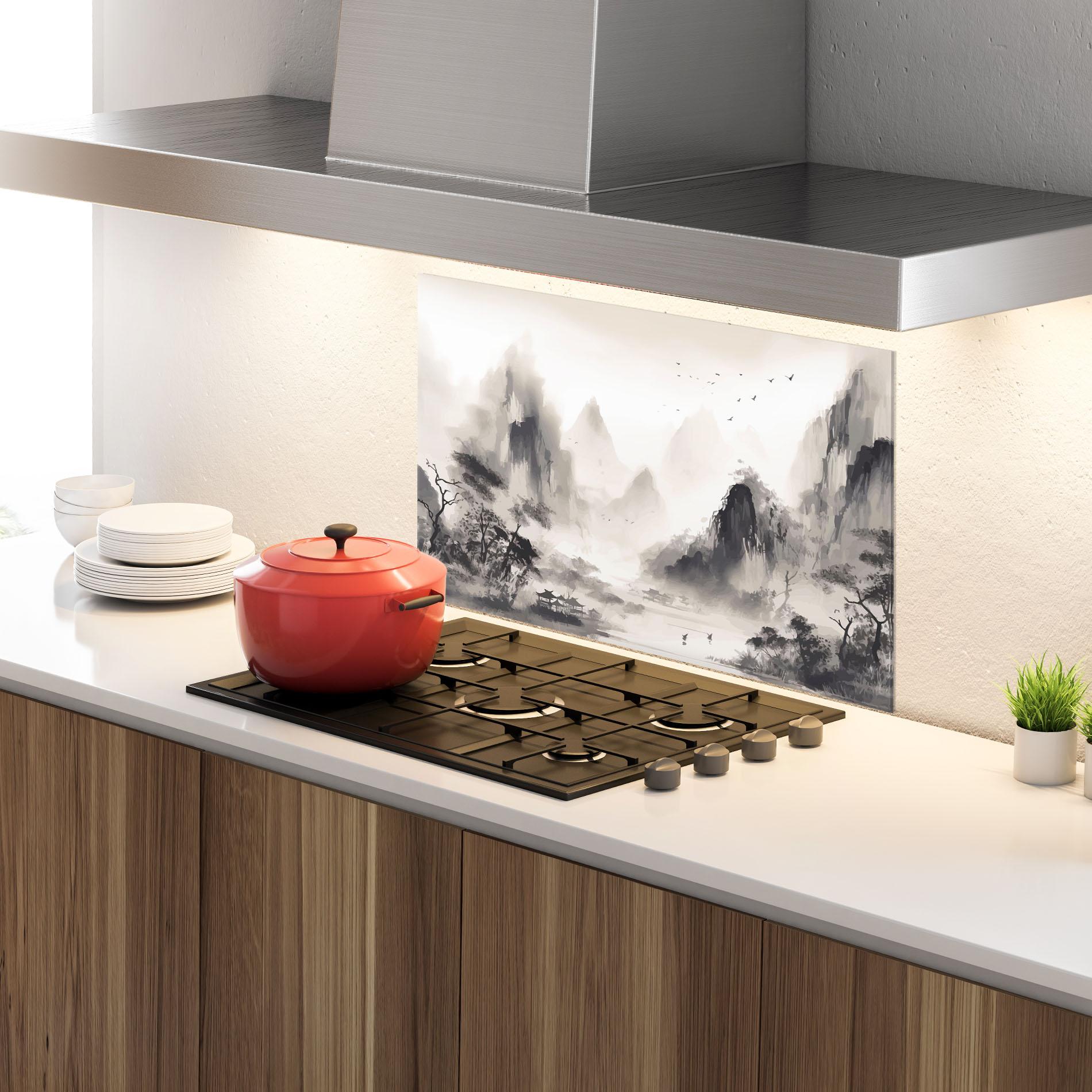Küchenrückwand Glas Far Away Mountain mockup 4