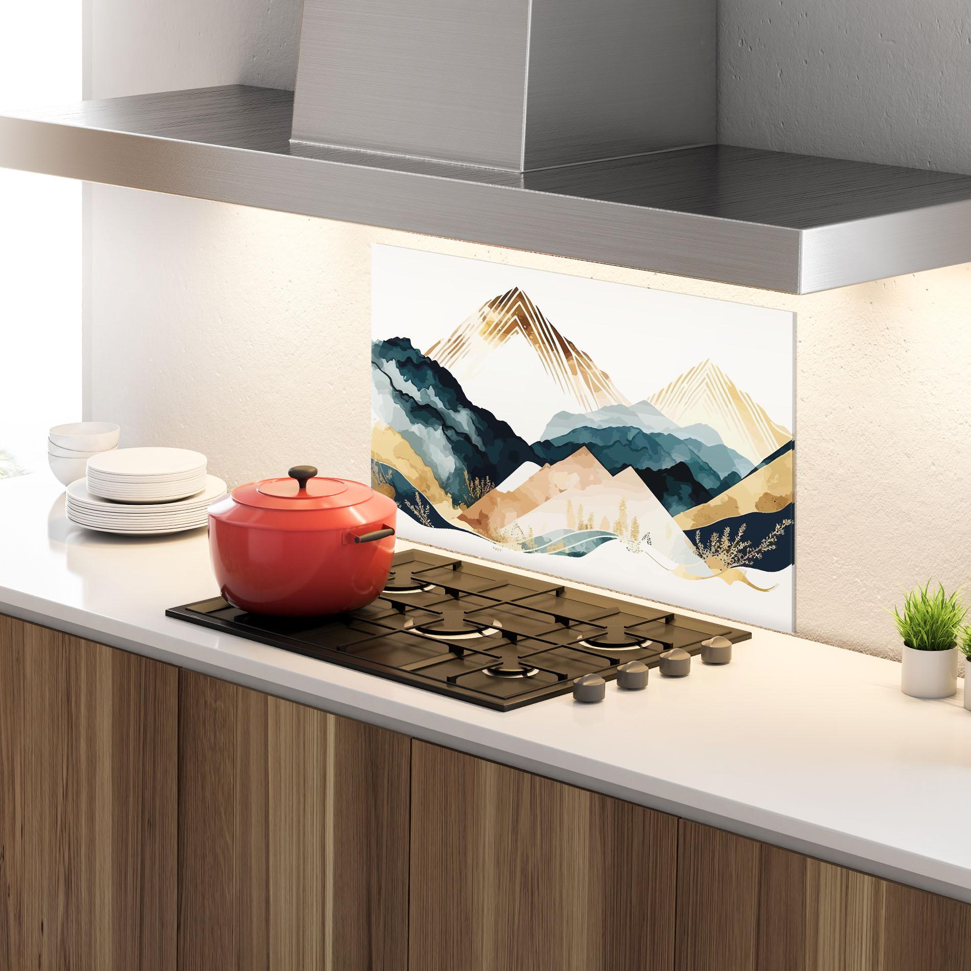 Küchenrückwand Glas Gold Green Mountain mockup 4
