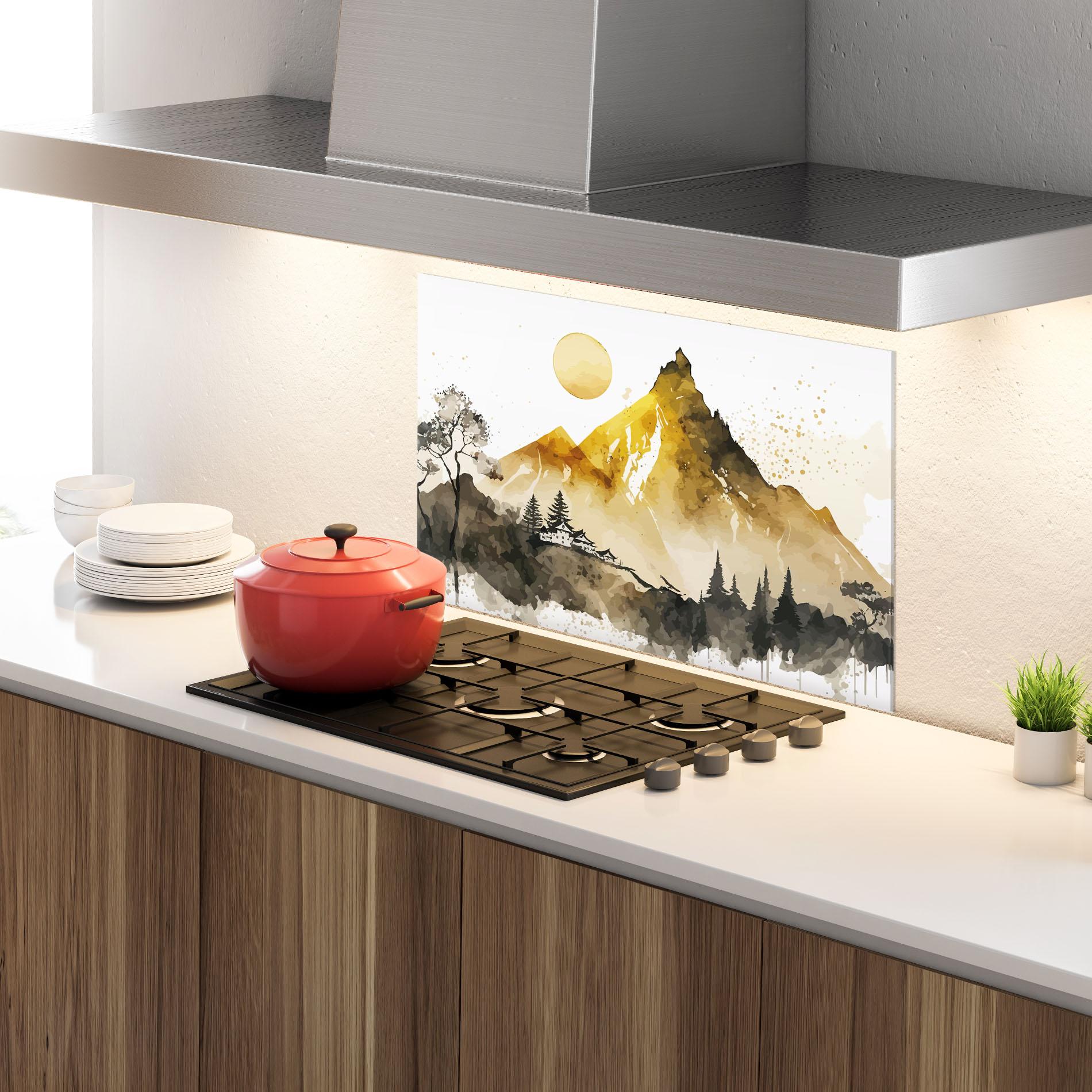 Küchenrückwand Glas Gold Mountain Art mockup 4