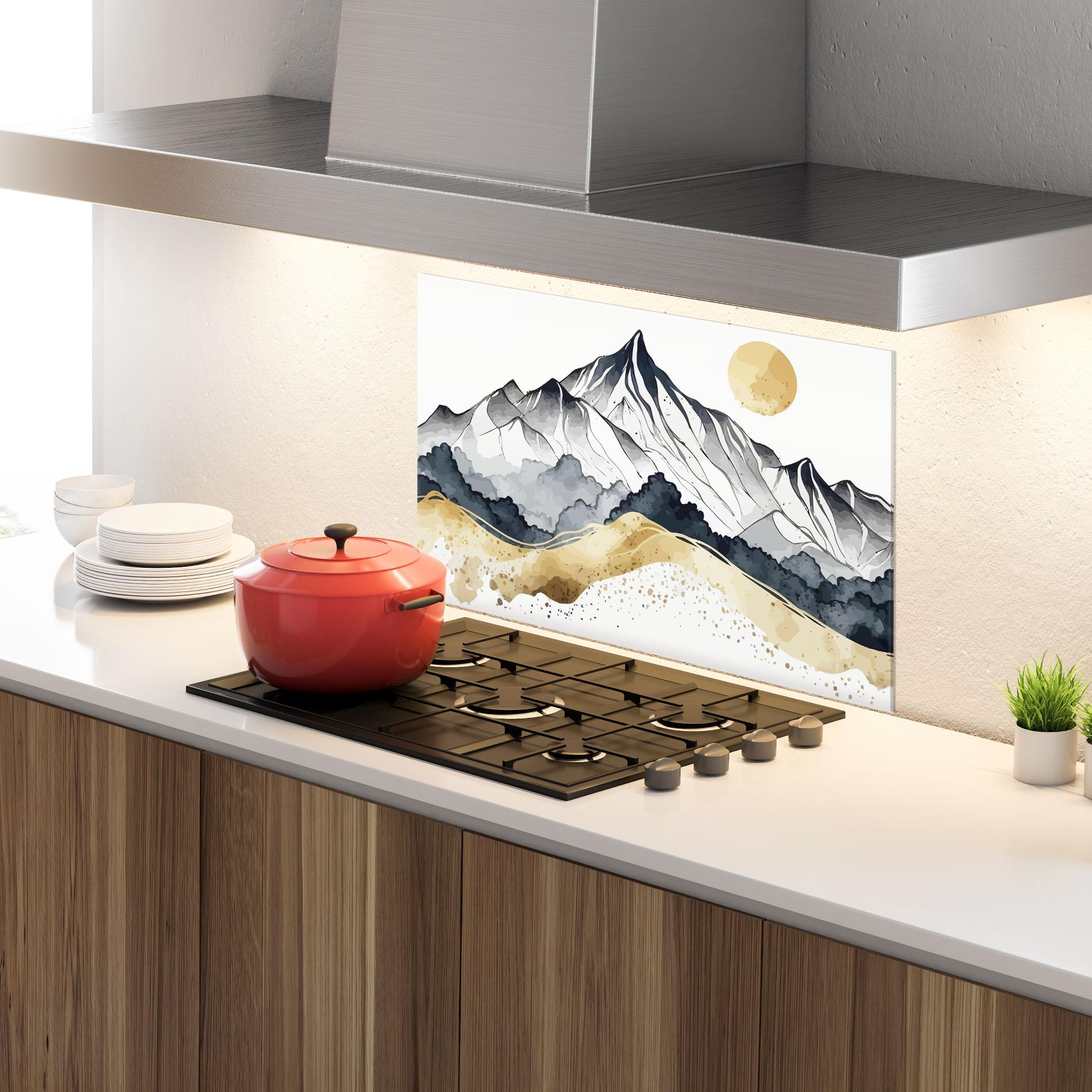 Küchenrückwand Glas Grey Gold Mountain mockup 4