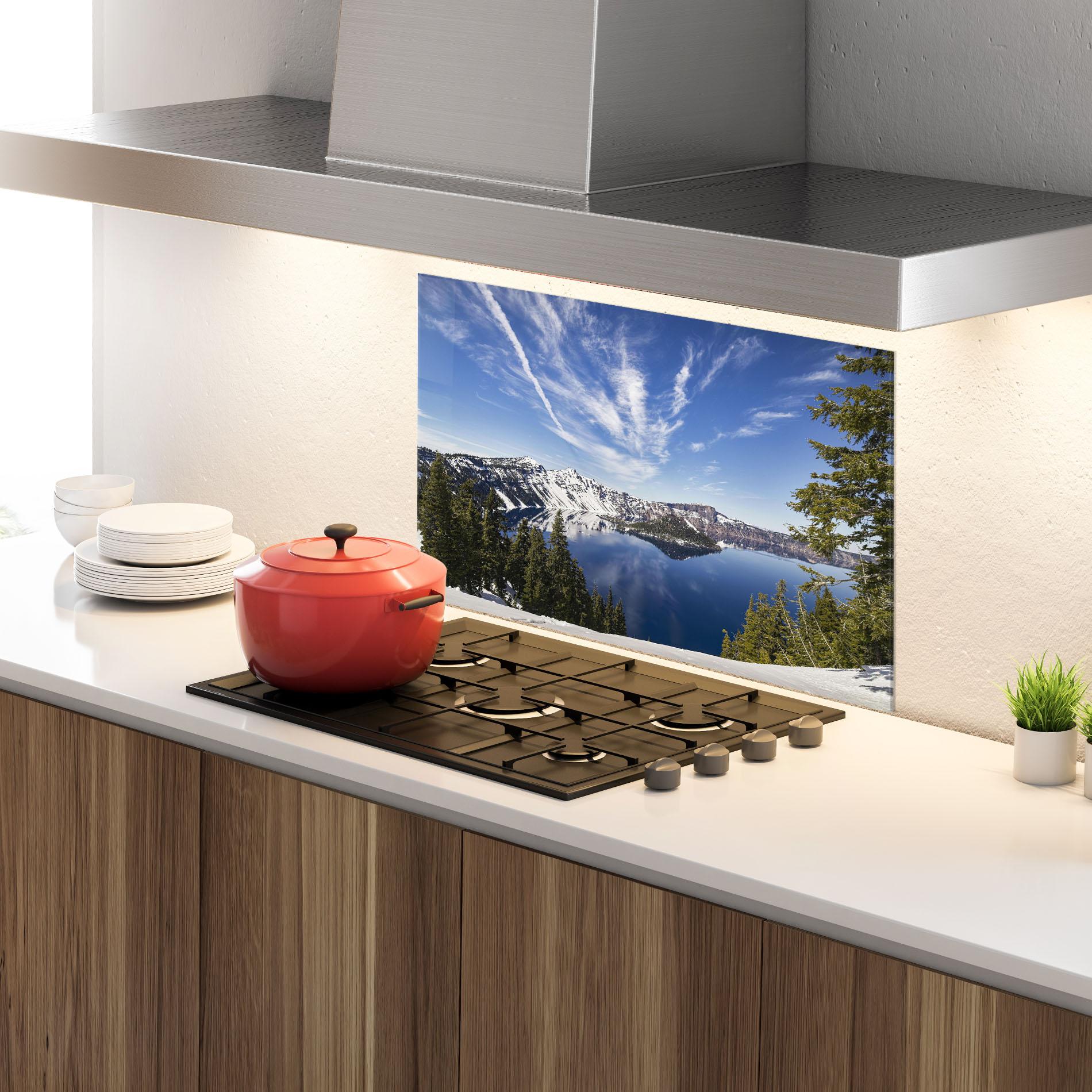 Küchenrückwand Glas White Snowy Mountain mockup 4