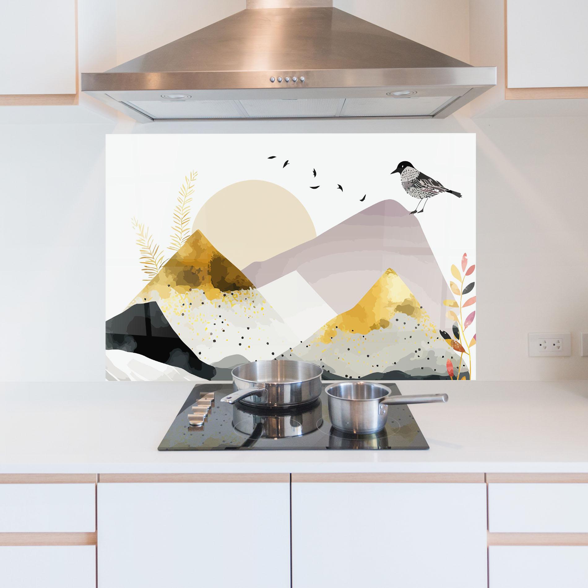 Küchenrückwand Glas Bird Gold Mountain mockup 5