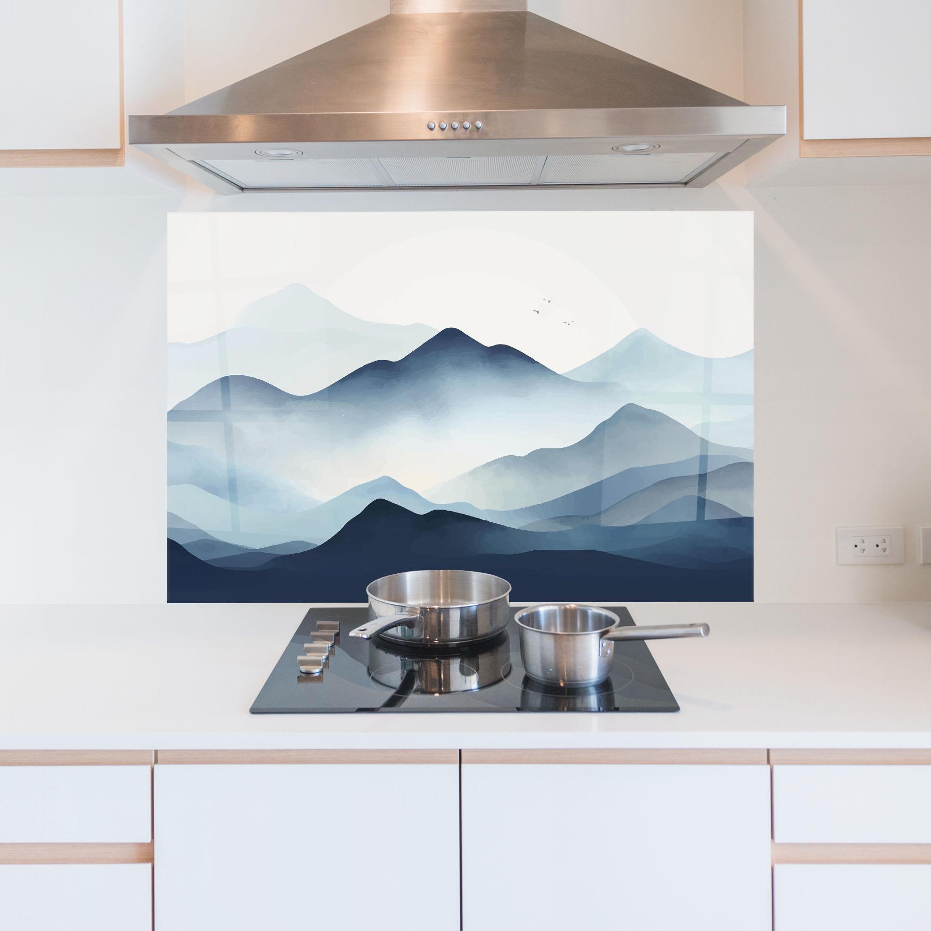 Küchenrückwand Glas Blue Foggy Mountain mockup 5