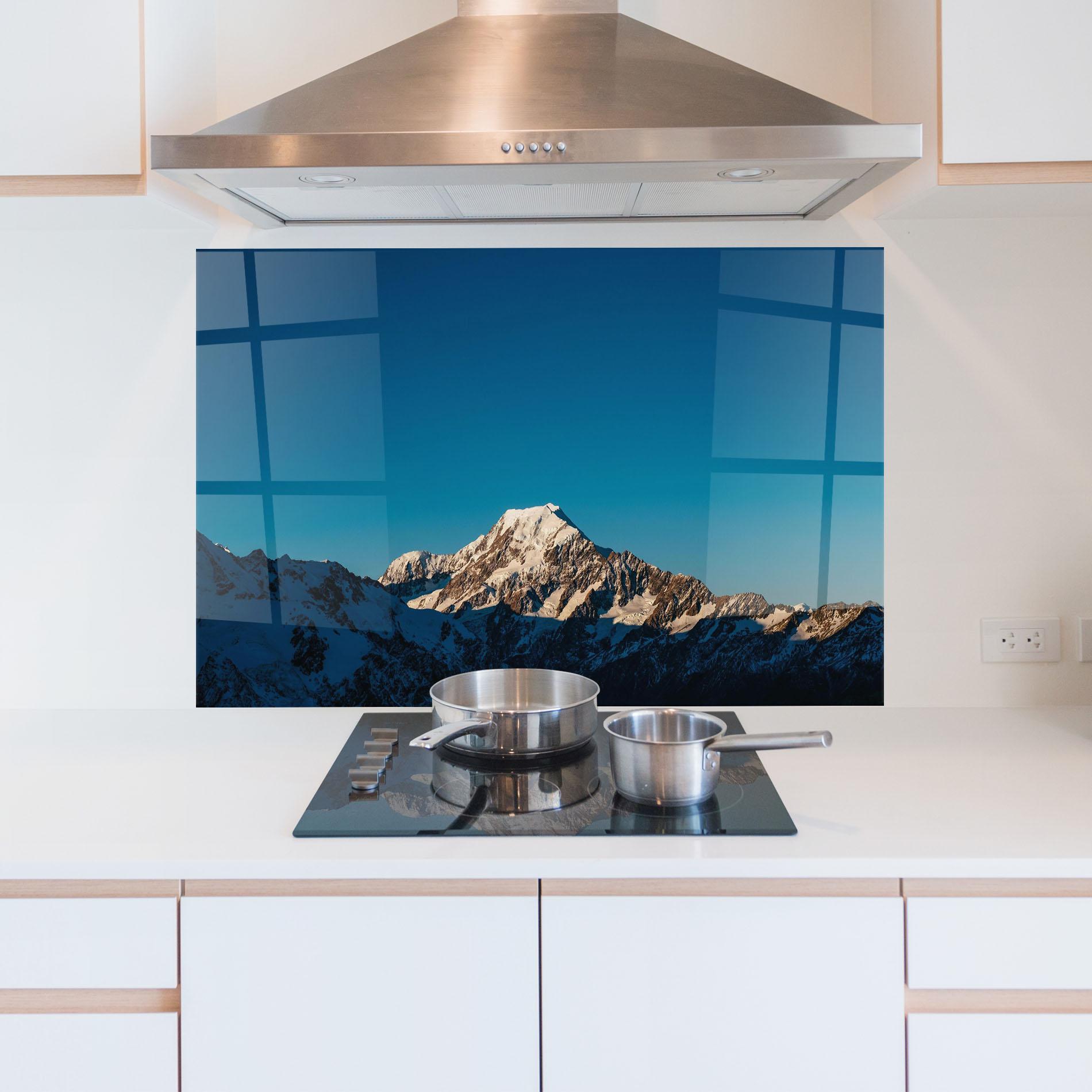 Küchenrückwand Glas Blue Snowy Mountain mockup 5