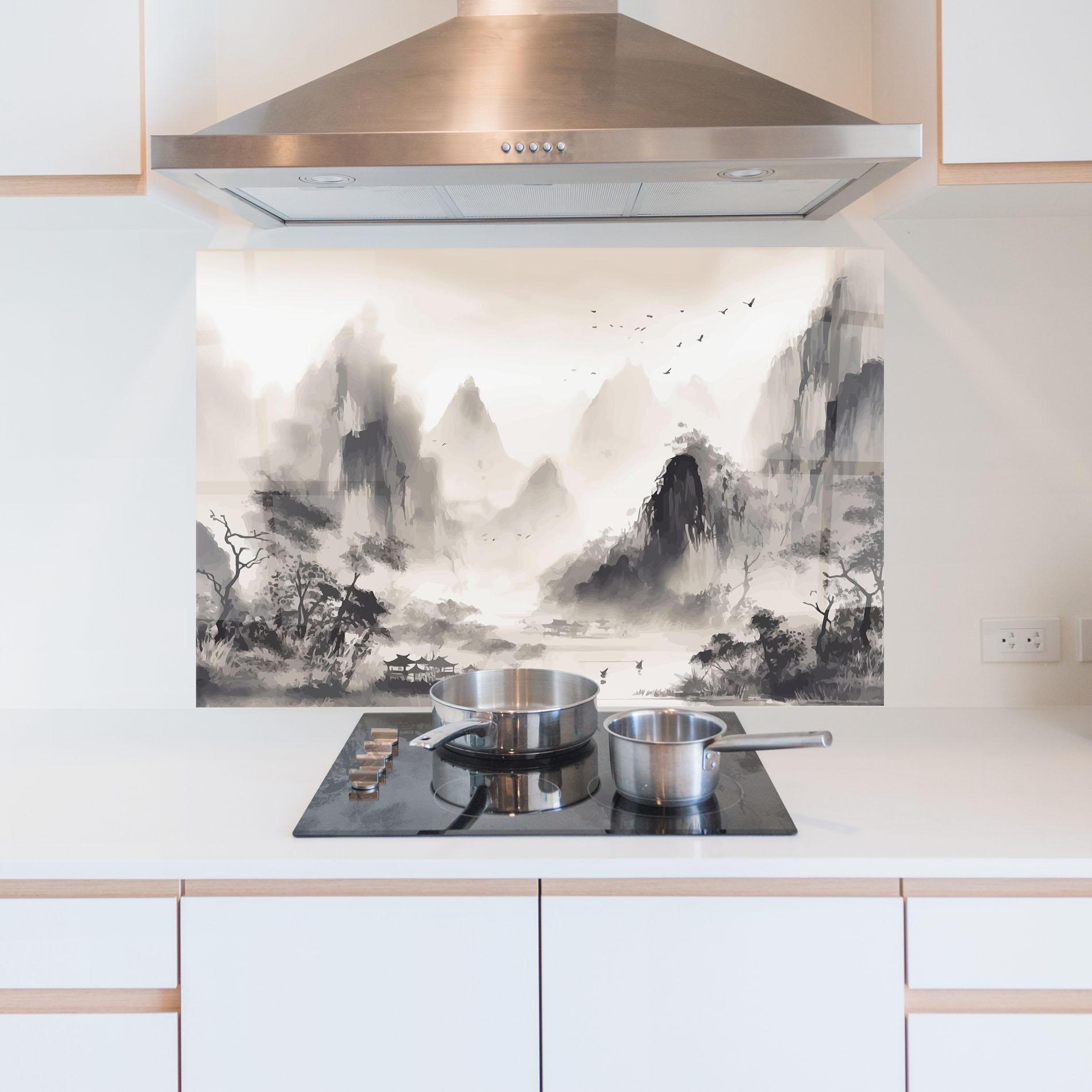 Küchenrückwand Glas Far Away Mountain mockup 5