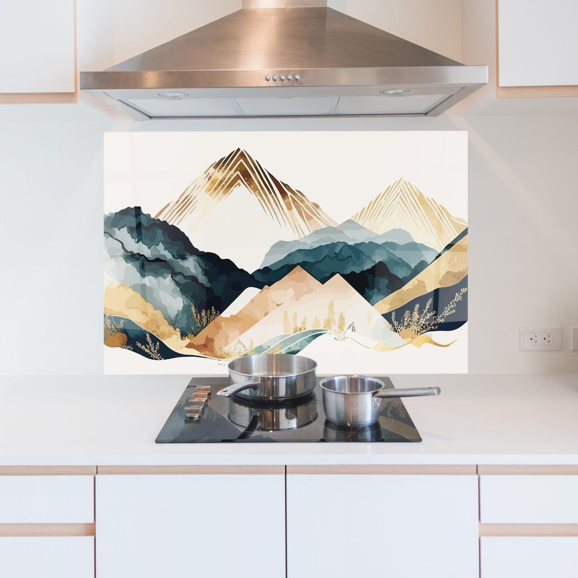 Küchenrückwand Glas Gold Green Mountain mockup 5