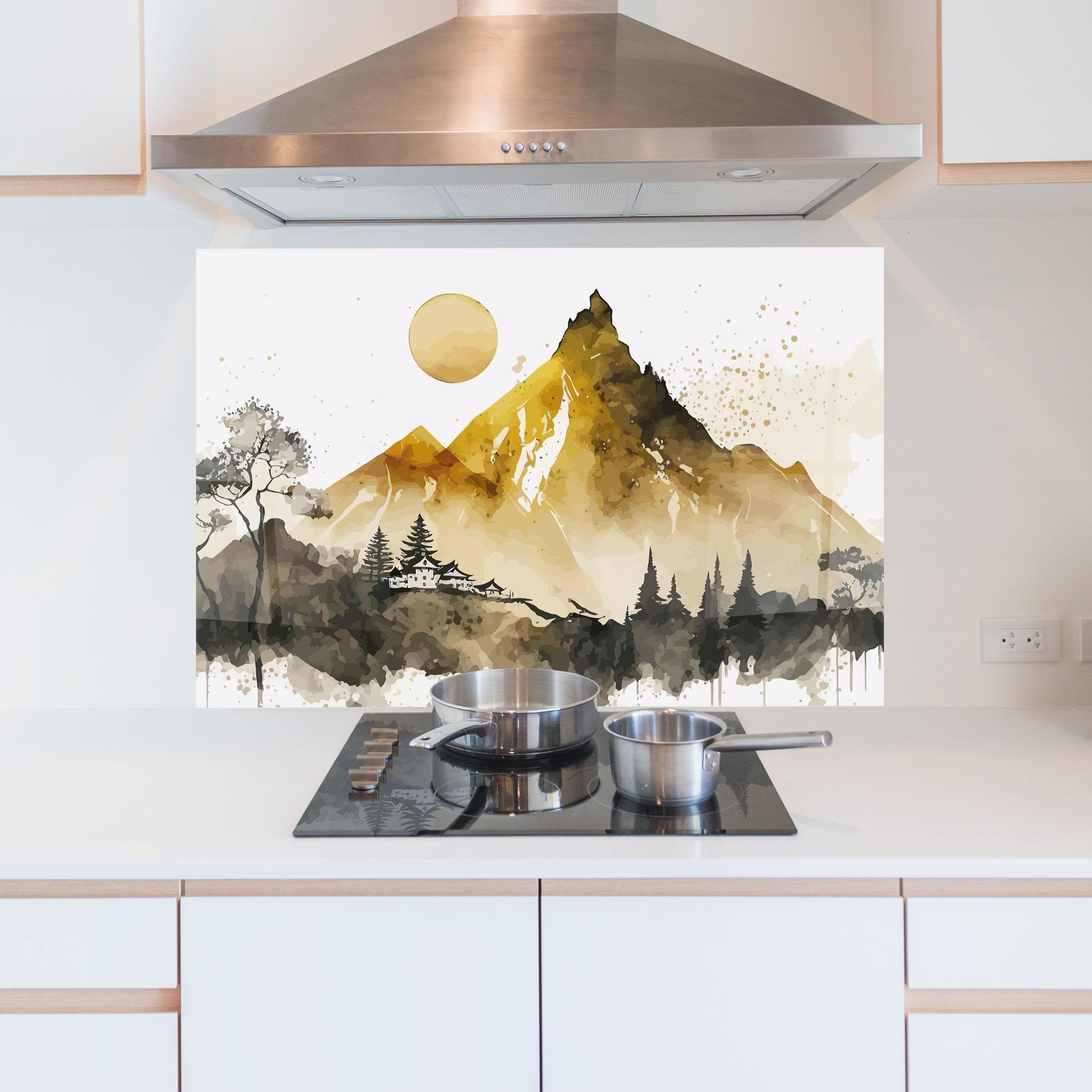 Küchenrückwand Glas Gold Mountain Art mockup 5
