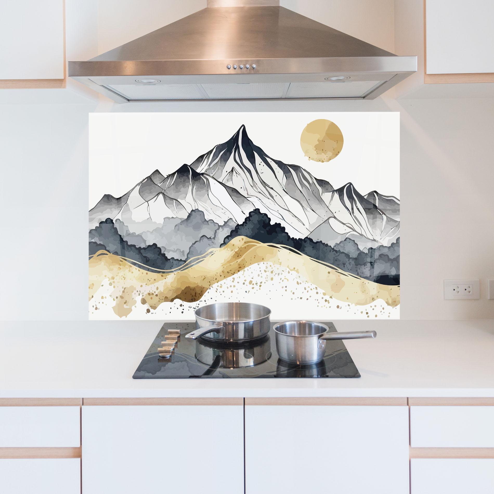 Küchenrückwand Glas Grey Gold Mountain mockup 5