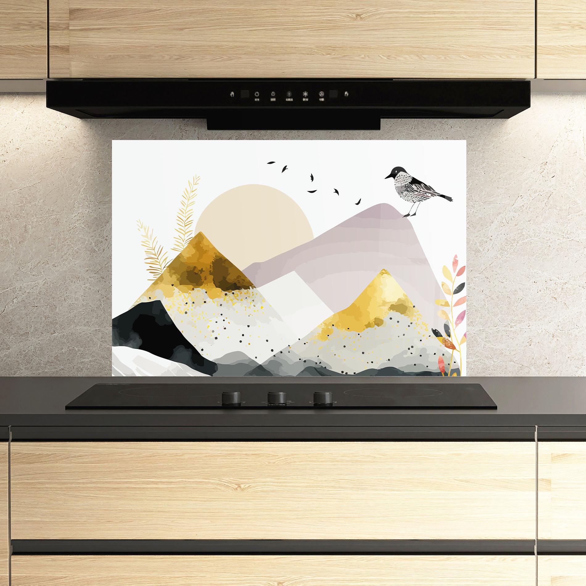 Küchenrückwand Glas Bird Gold Mountain mockup 3