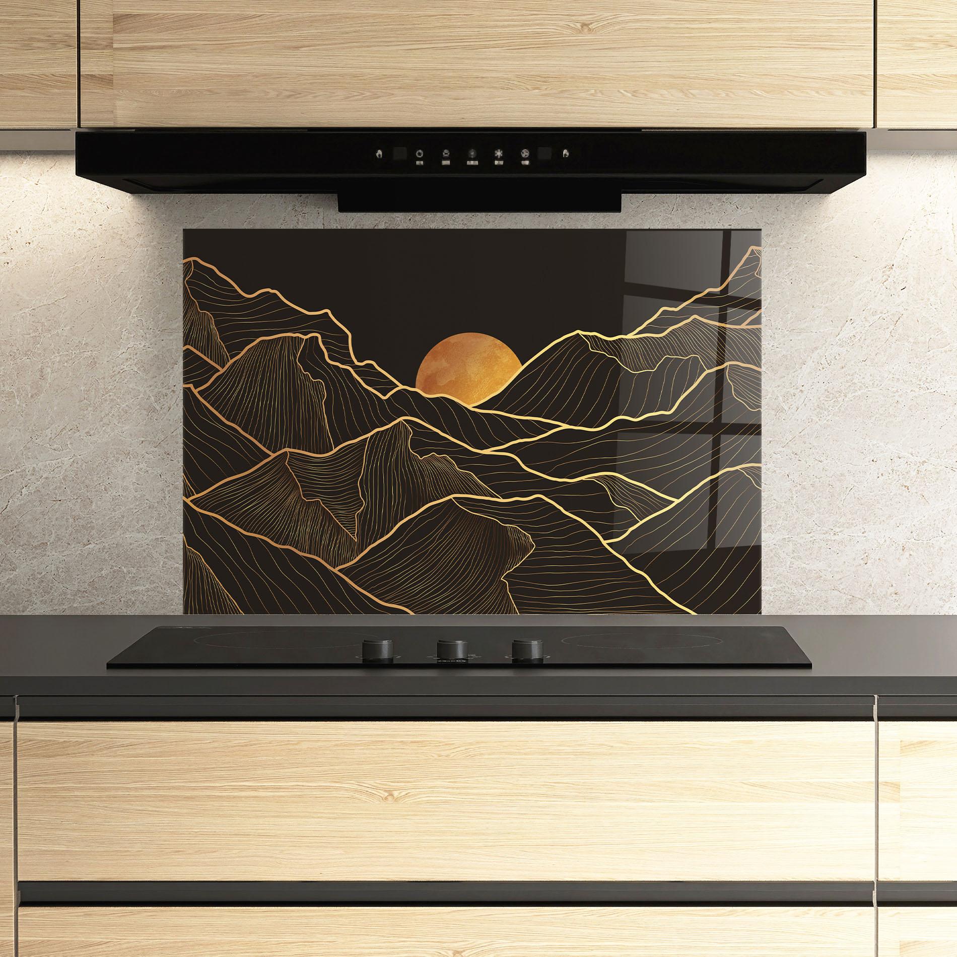 Küchenrückwand Glas Black Gold Mountains mockup 3
