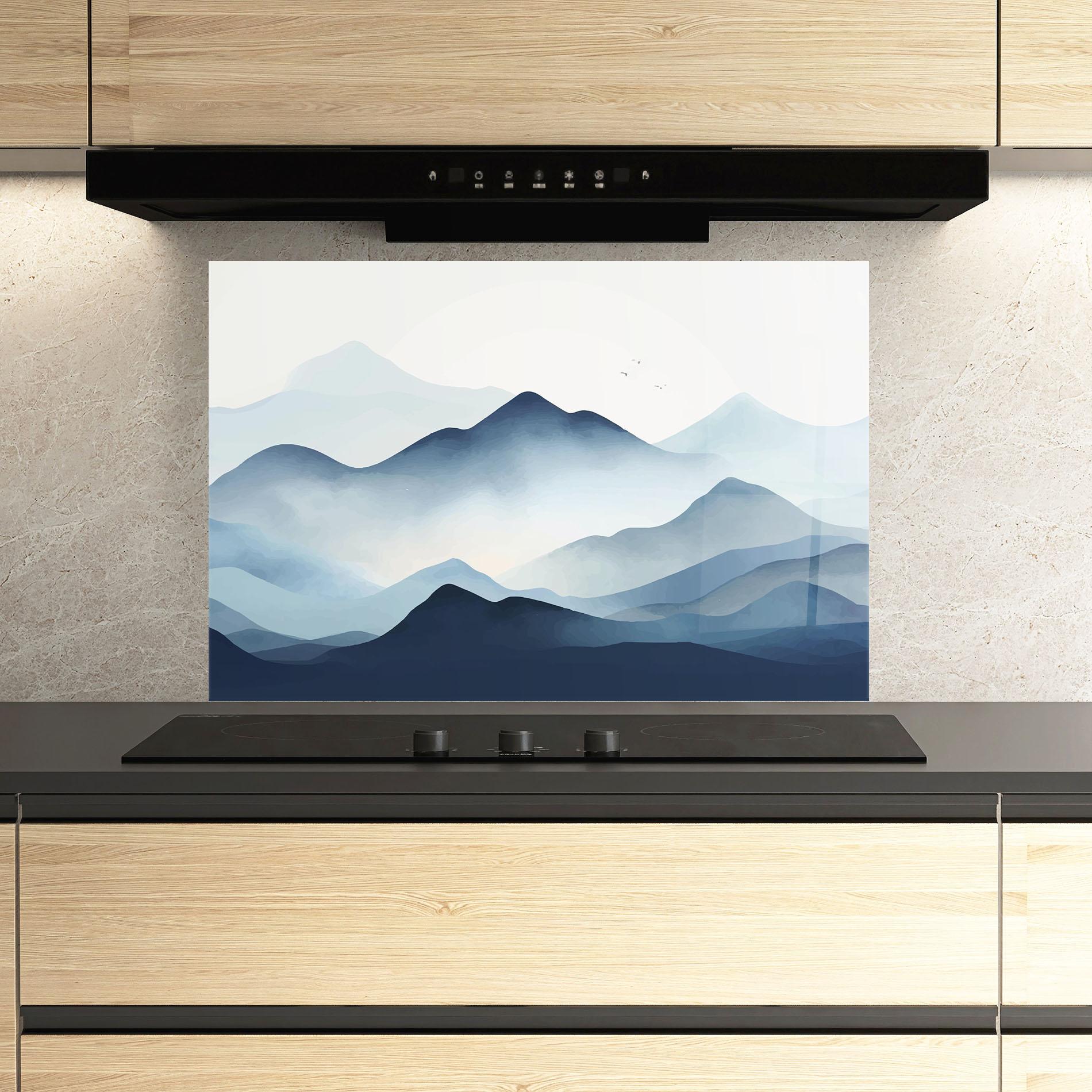 Küchenrückwand Glas Blue Foggy Mountain mockup 3