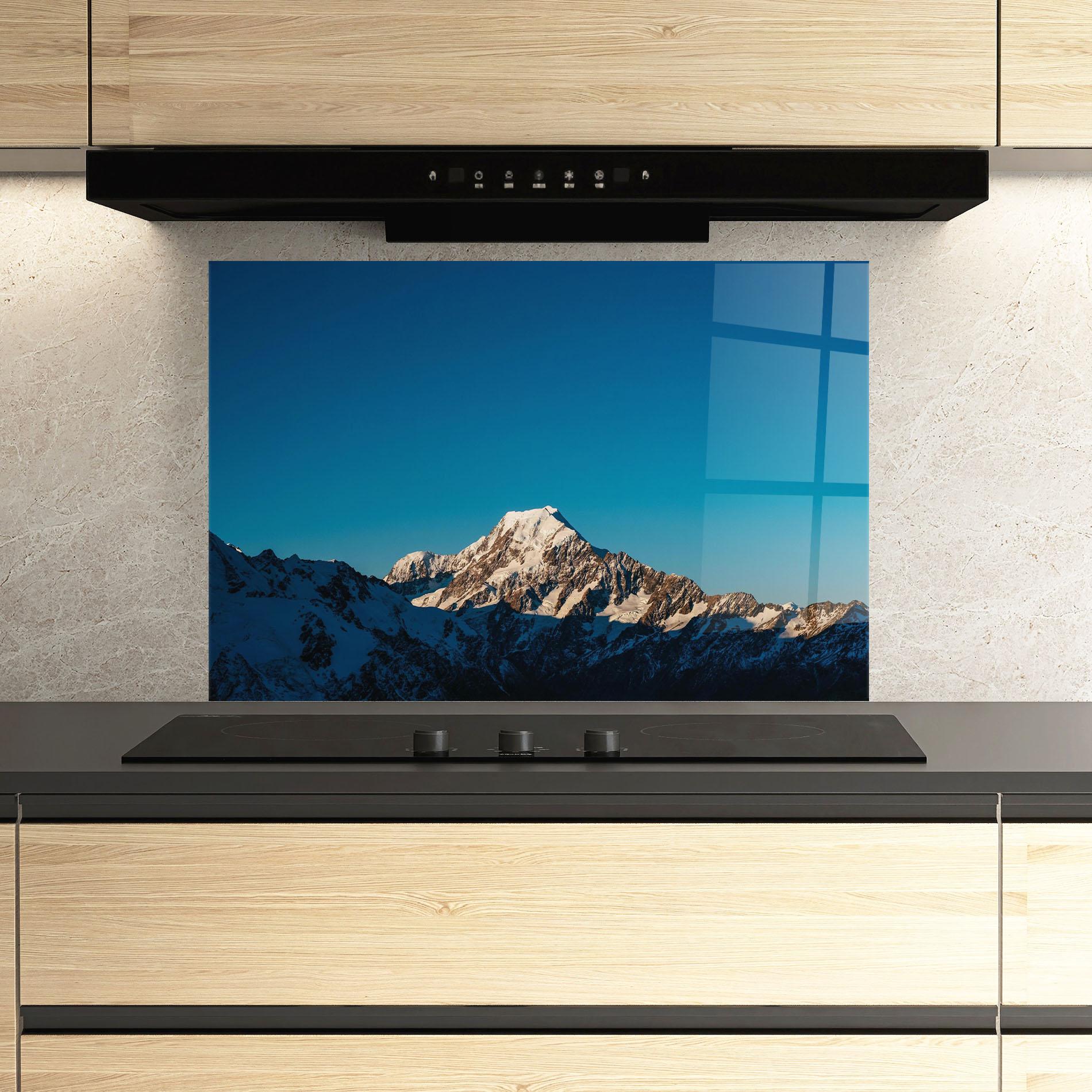 Küchenrückwand Glas Blue Snowy Mountain mockup 3